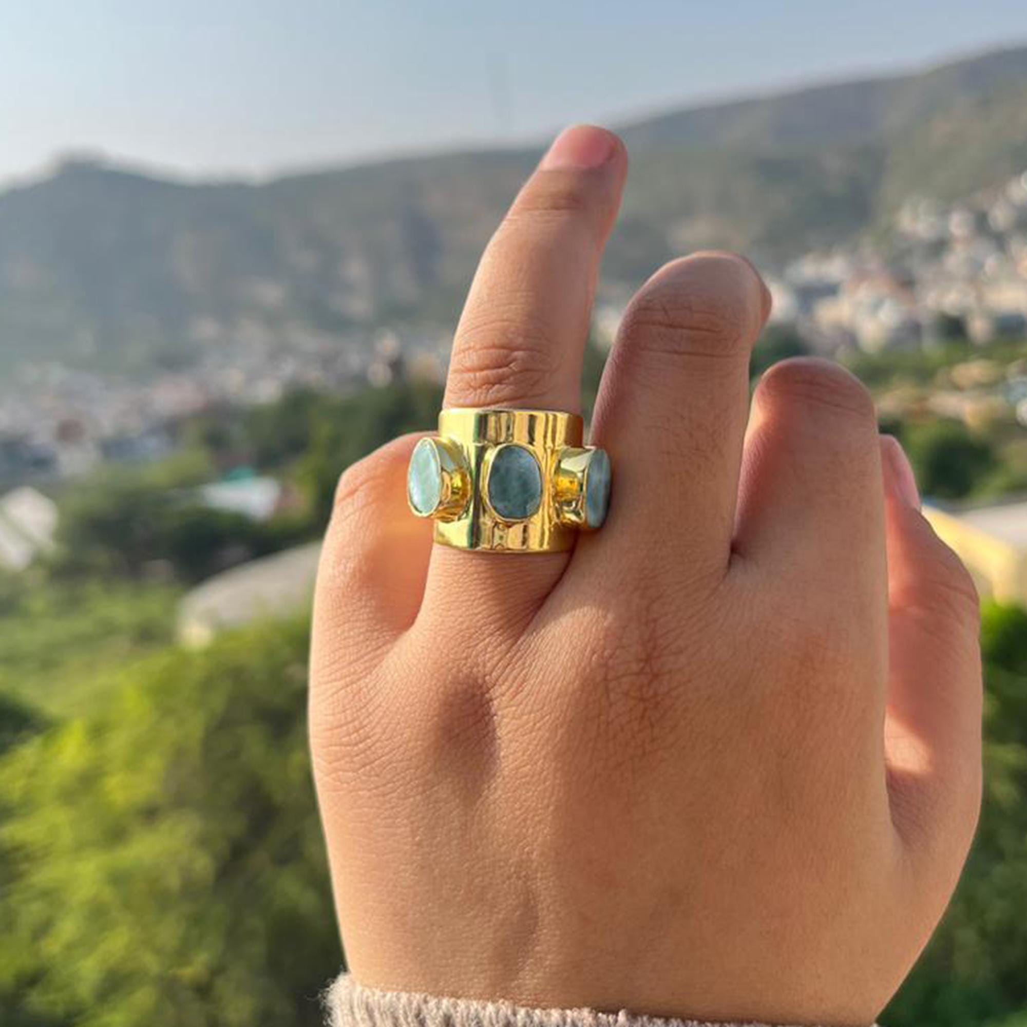 Natural Three Larimar Gemstone Wide Ring: Gold Plated Brass Statement Jewelry