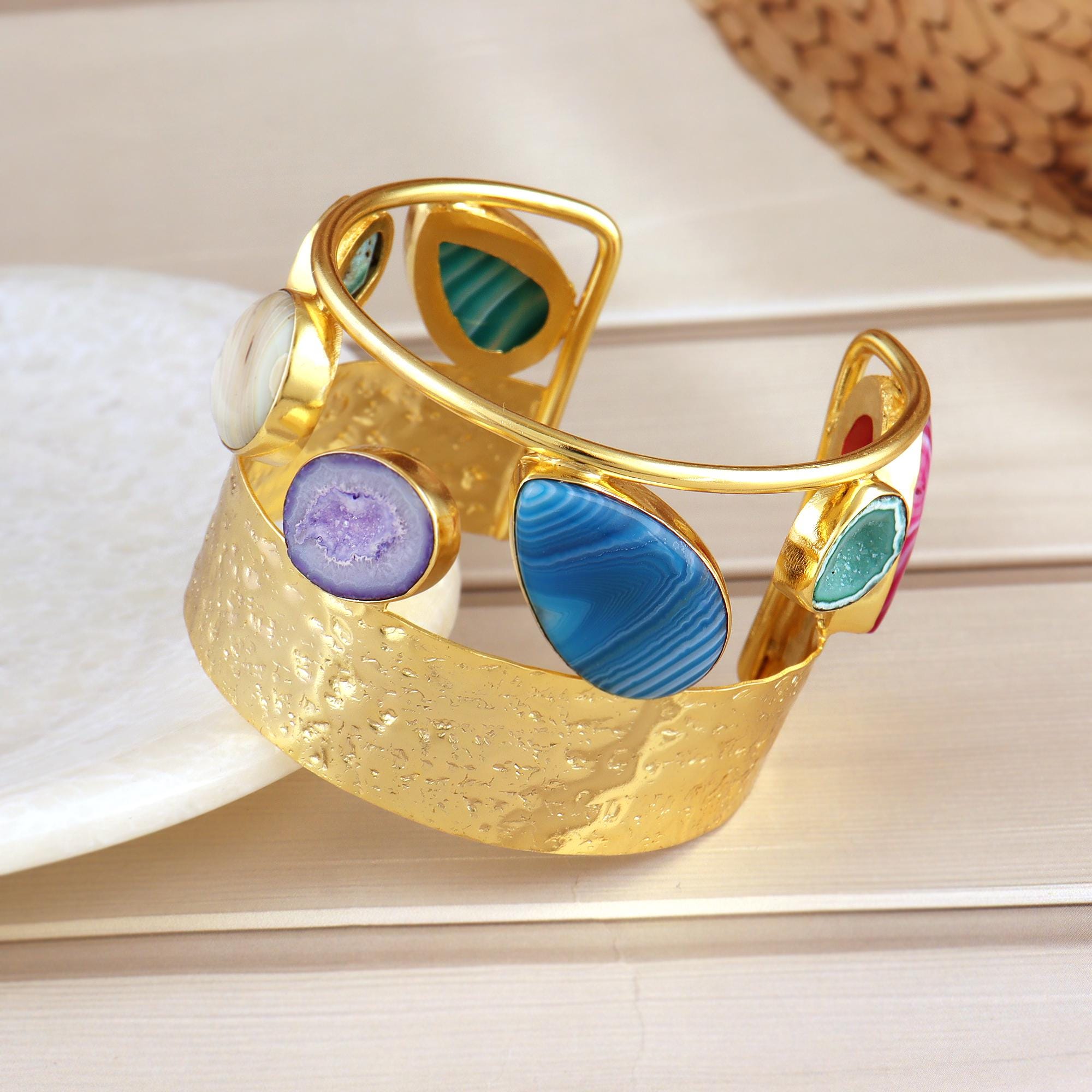 Botswana Agate Cuff Bracelet: Hammered Gold Plated Brass