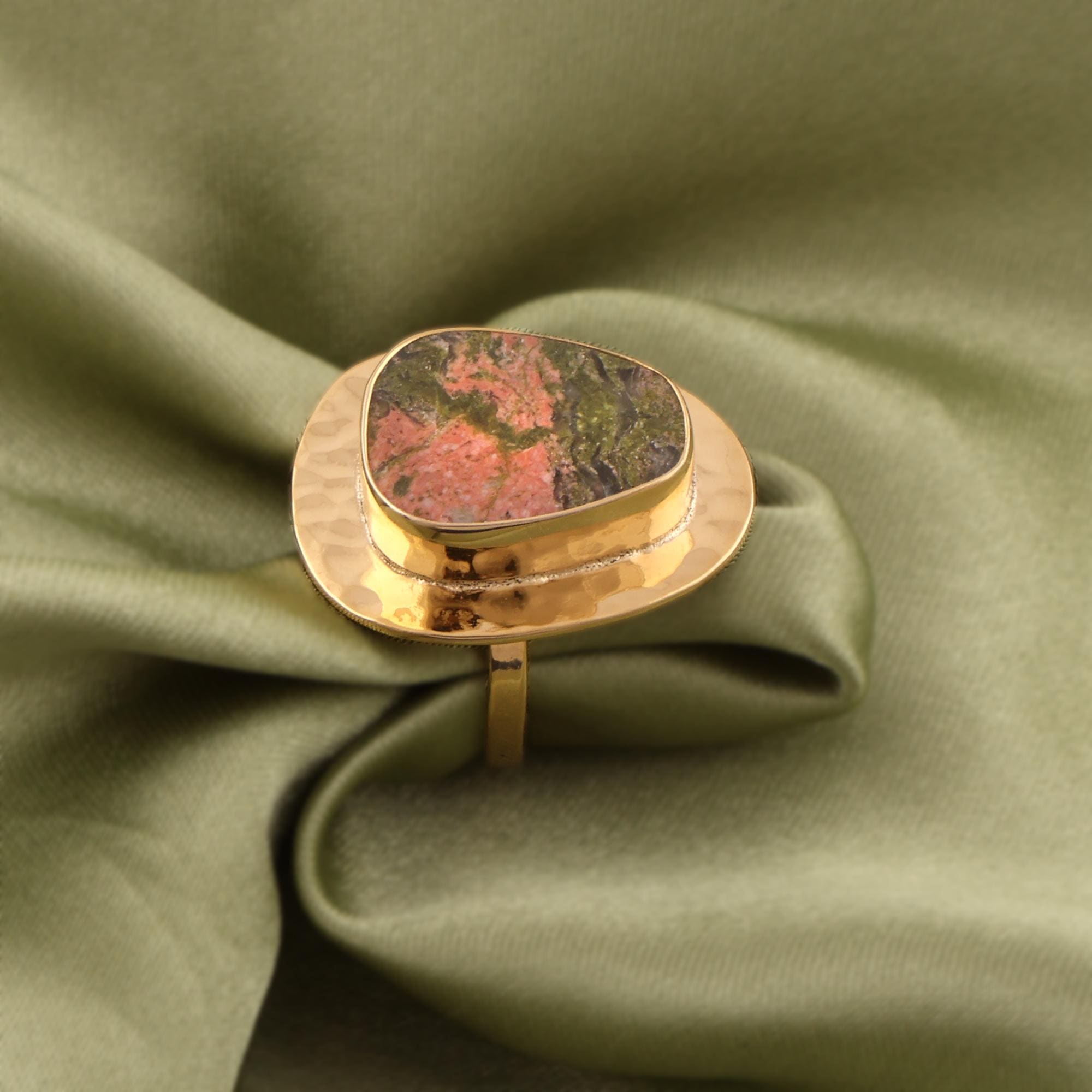 Unakite 18k Gold Plated Ring: Adjustable Gemstone Boho Ring