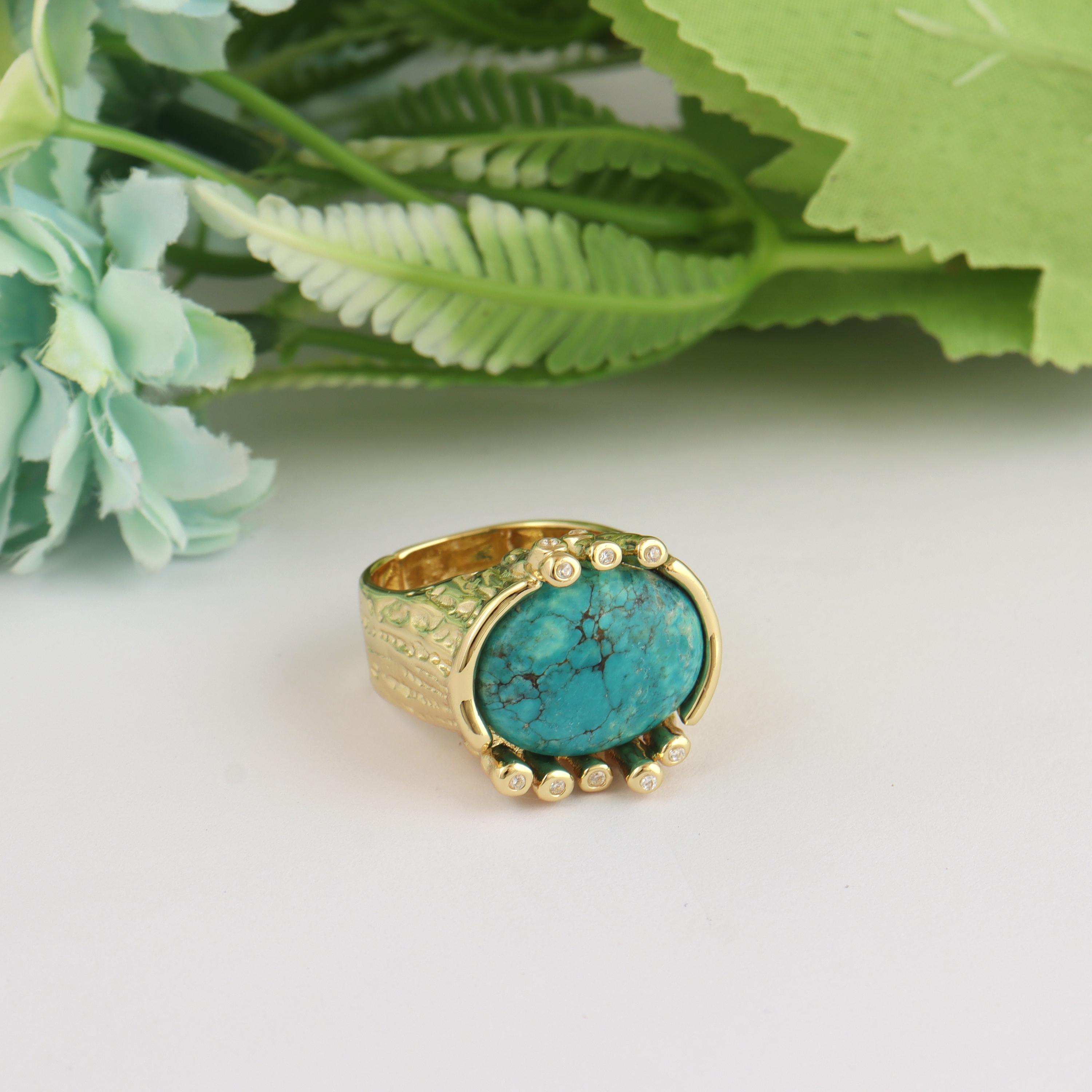 18k Gold Plated Tibetan Turquoise Ring – Adjustable Band CZ Statement