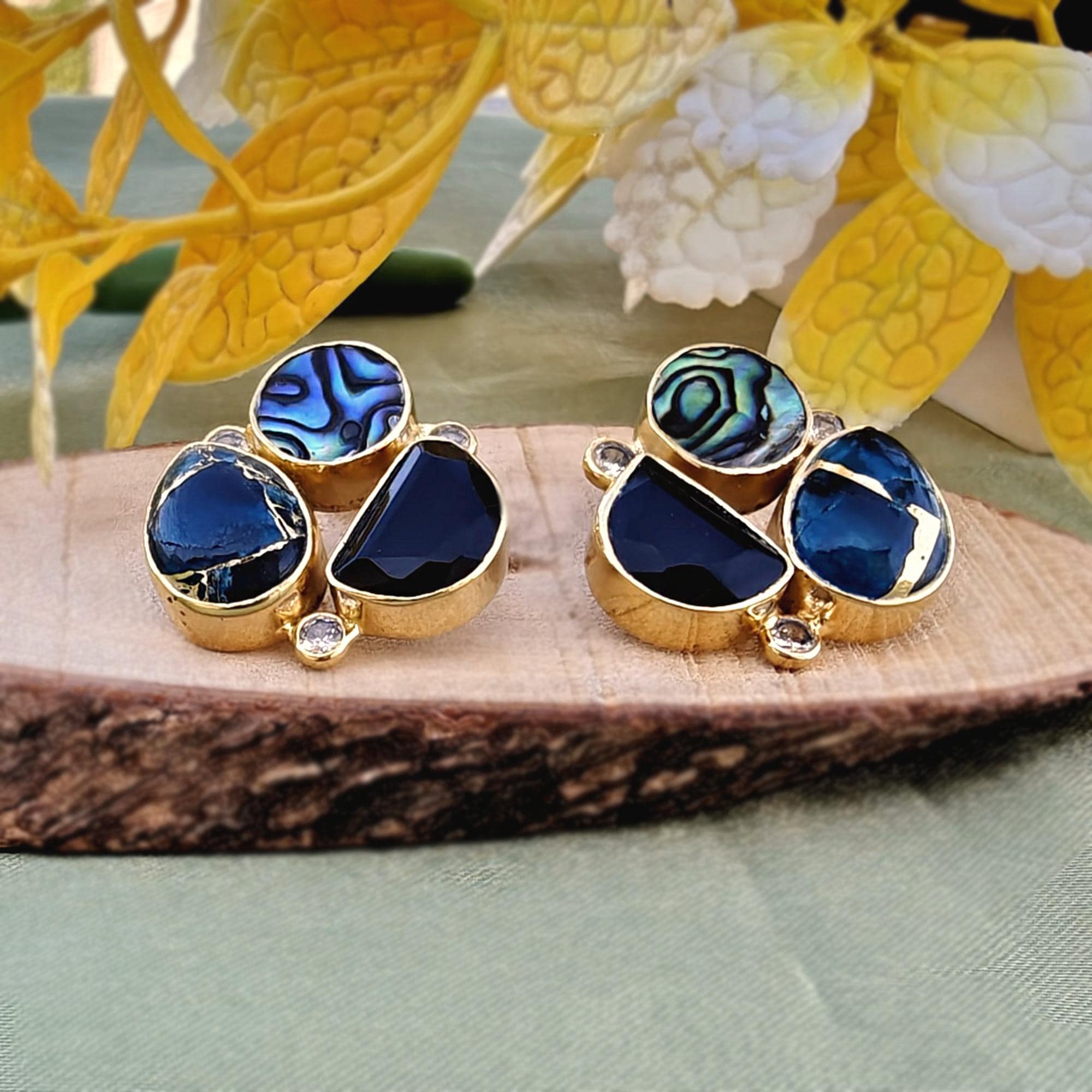 Gold Plated Abalone, Turquoise & Onyx Stud Earrings