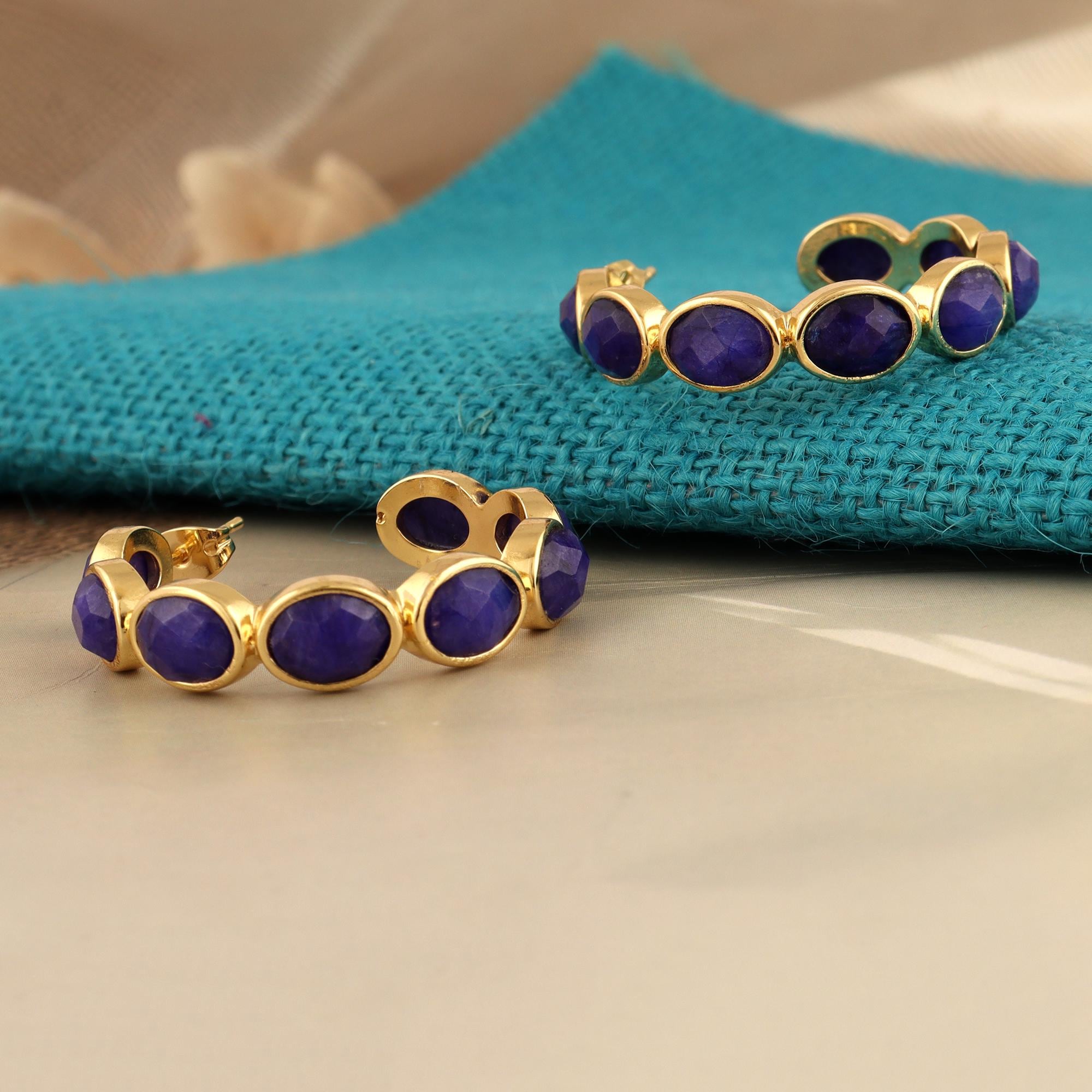 Blue Jade Hoop Earrings: 18k Gold Plated, Blue Gemstone