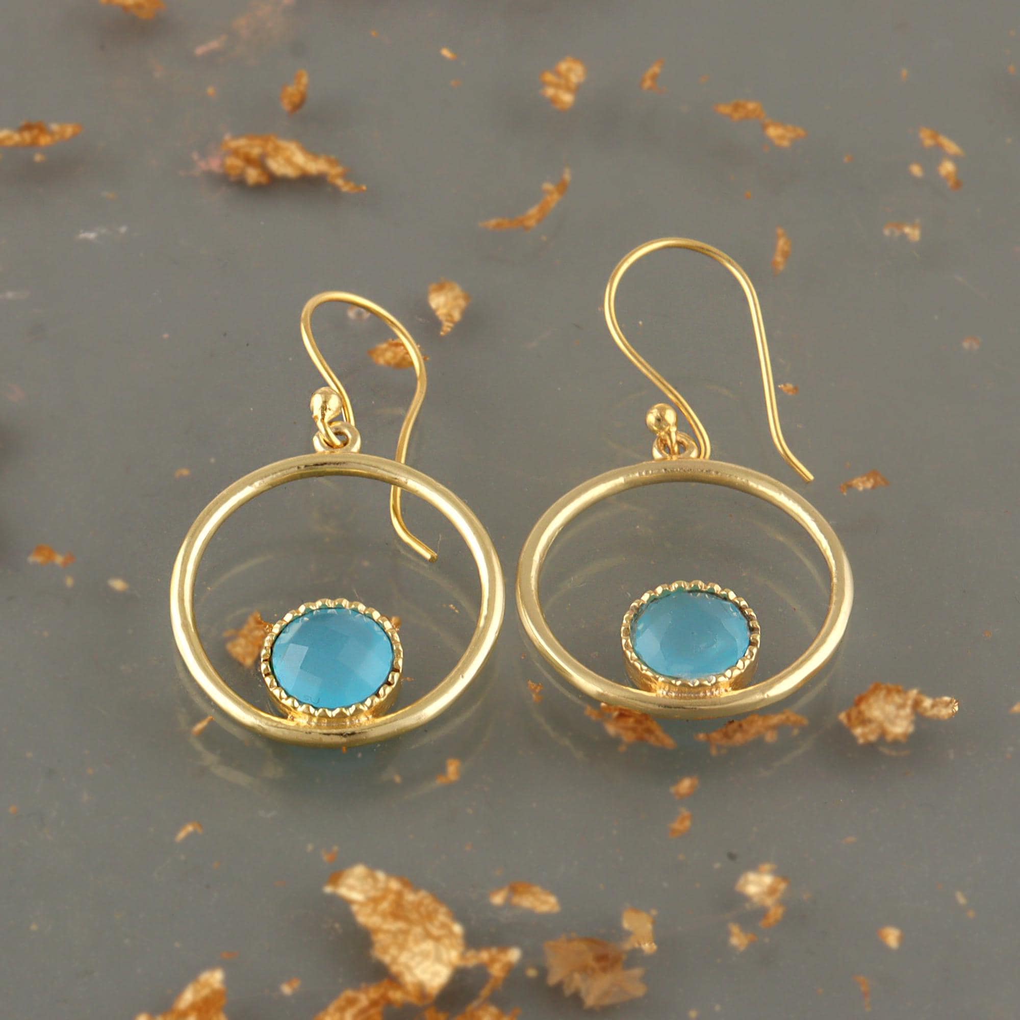 Gold Circular Hoop Gemstone Dangle Earrings: Minimal Dainty Dangle Earrings