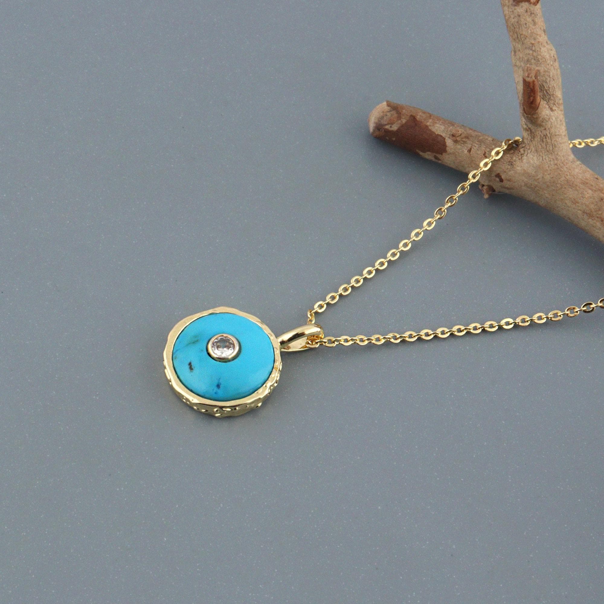 Natural Turquoise with CZ Pendant Charms: Gold Plated Round Gemstone Necklace