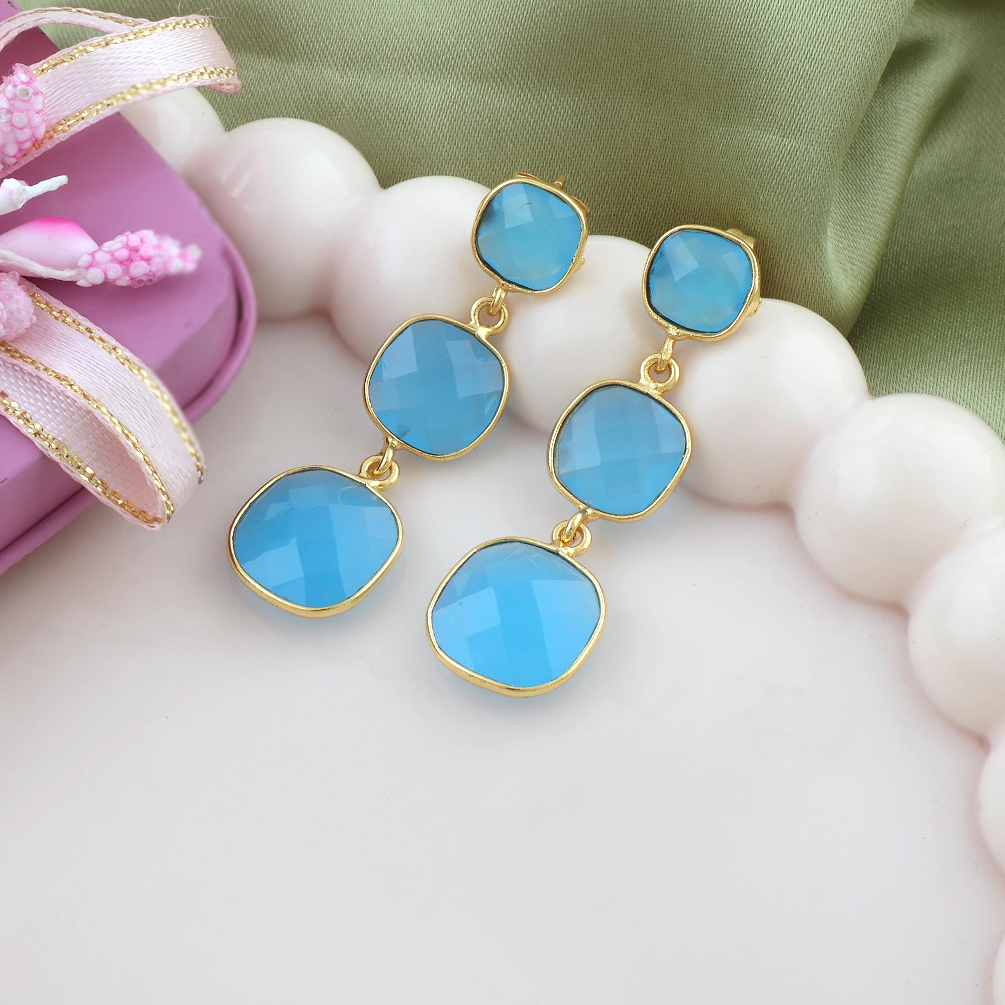 Cushion Sky Blue Chalcedony Drop Earrings - 18k Gold Plated Bezel Earring Gemstone