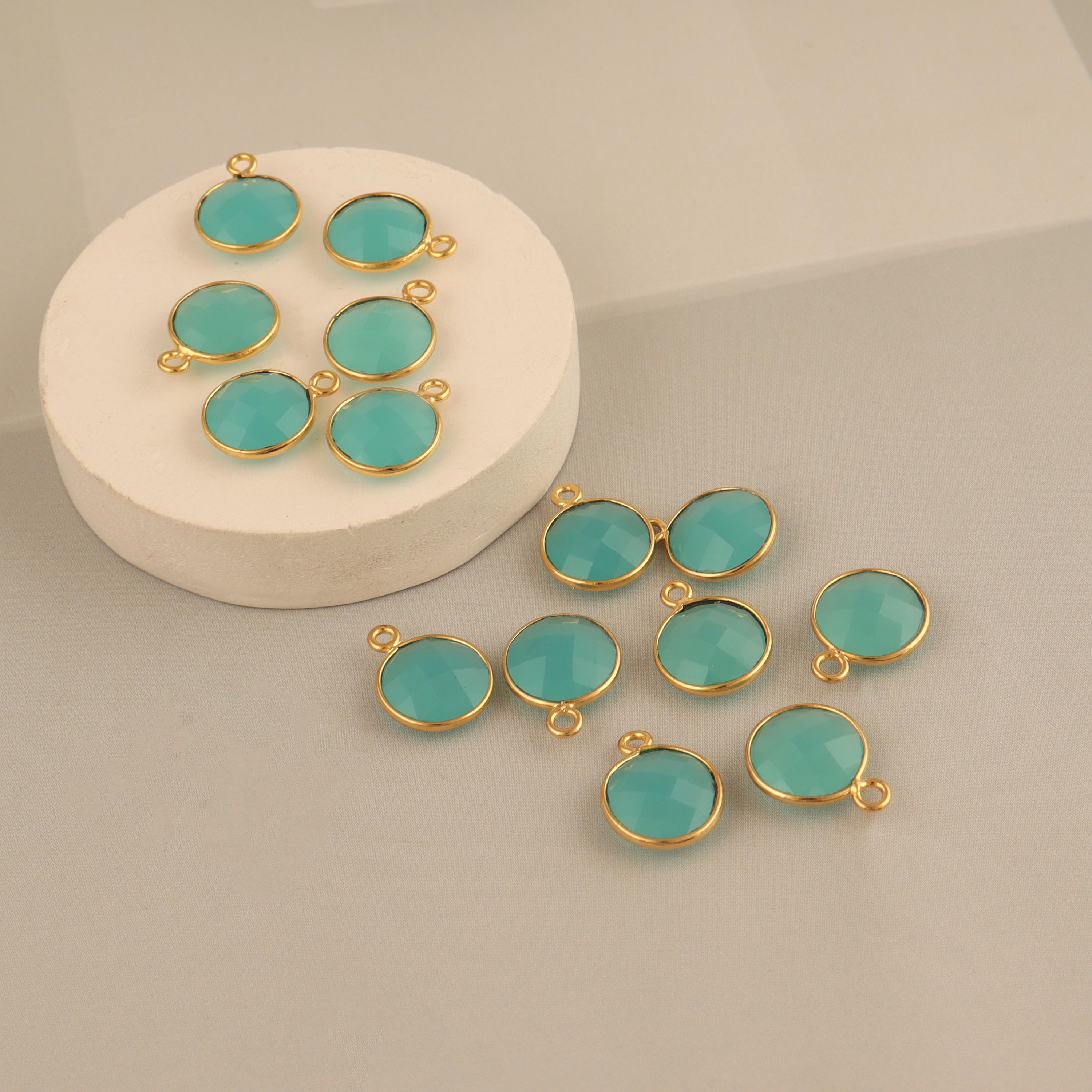 Aqua Chalcedony Connectors: 18k Gold Plated Round Bezel Charms