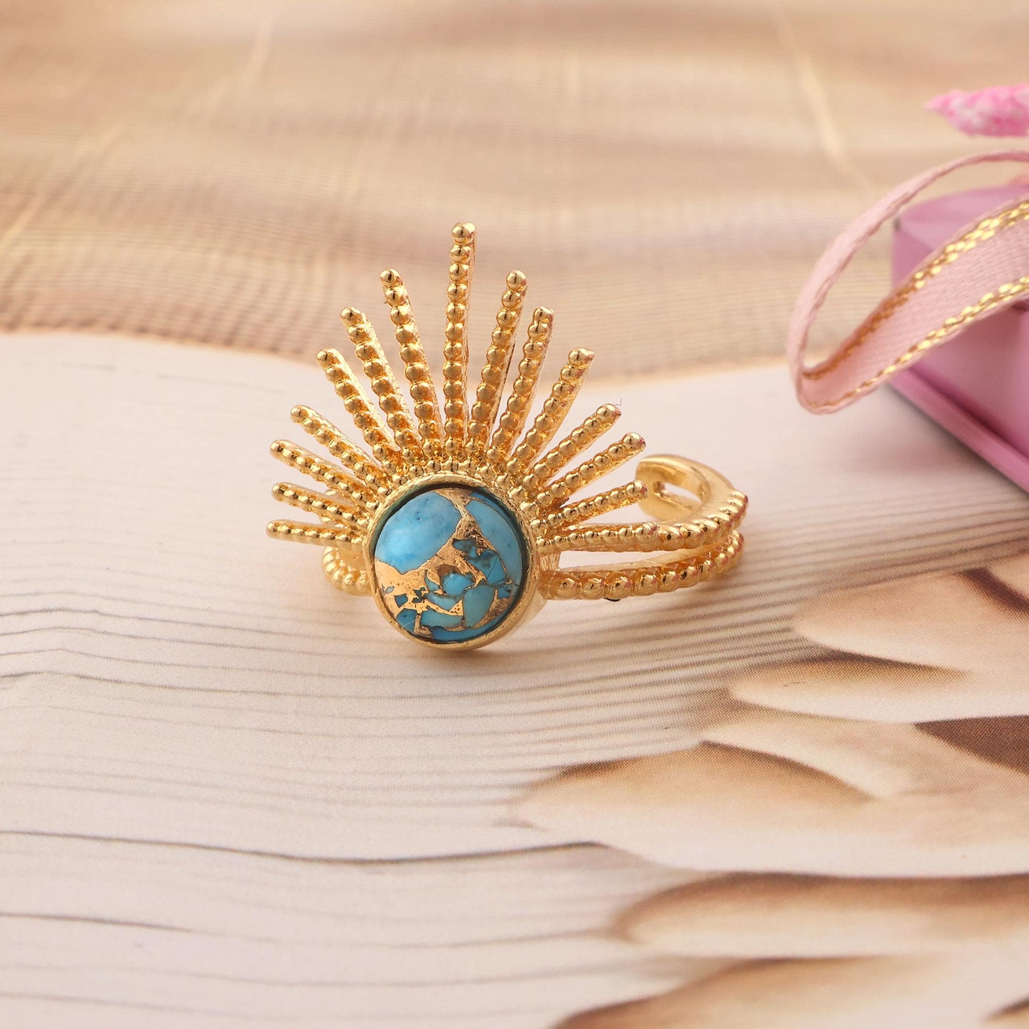 Sun Goddess Rings with Copper Turquoise Round Gemstone - Gold-Plated Designer Band Sunburst Ring
