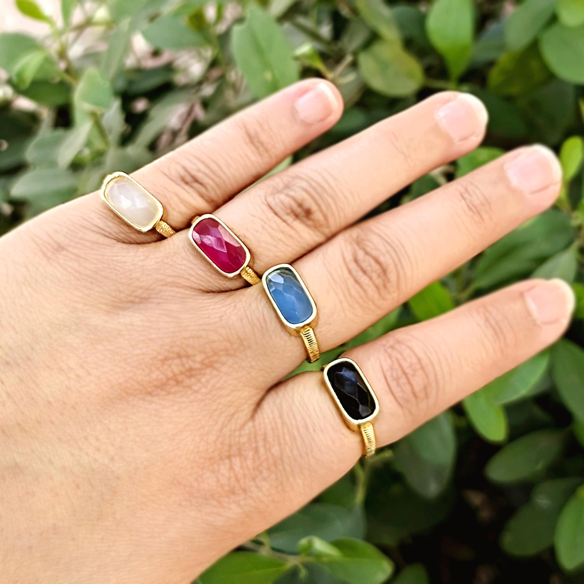 Rectangle Gemstone Adjustable Ring: Gold Plated Handmade Open Band with Jade