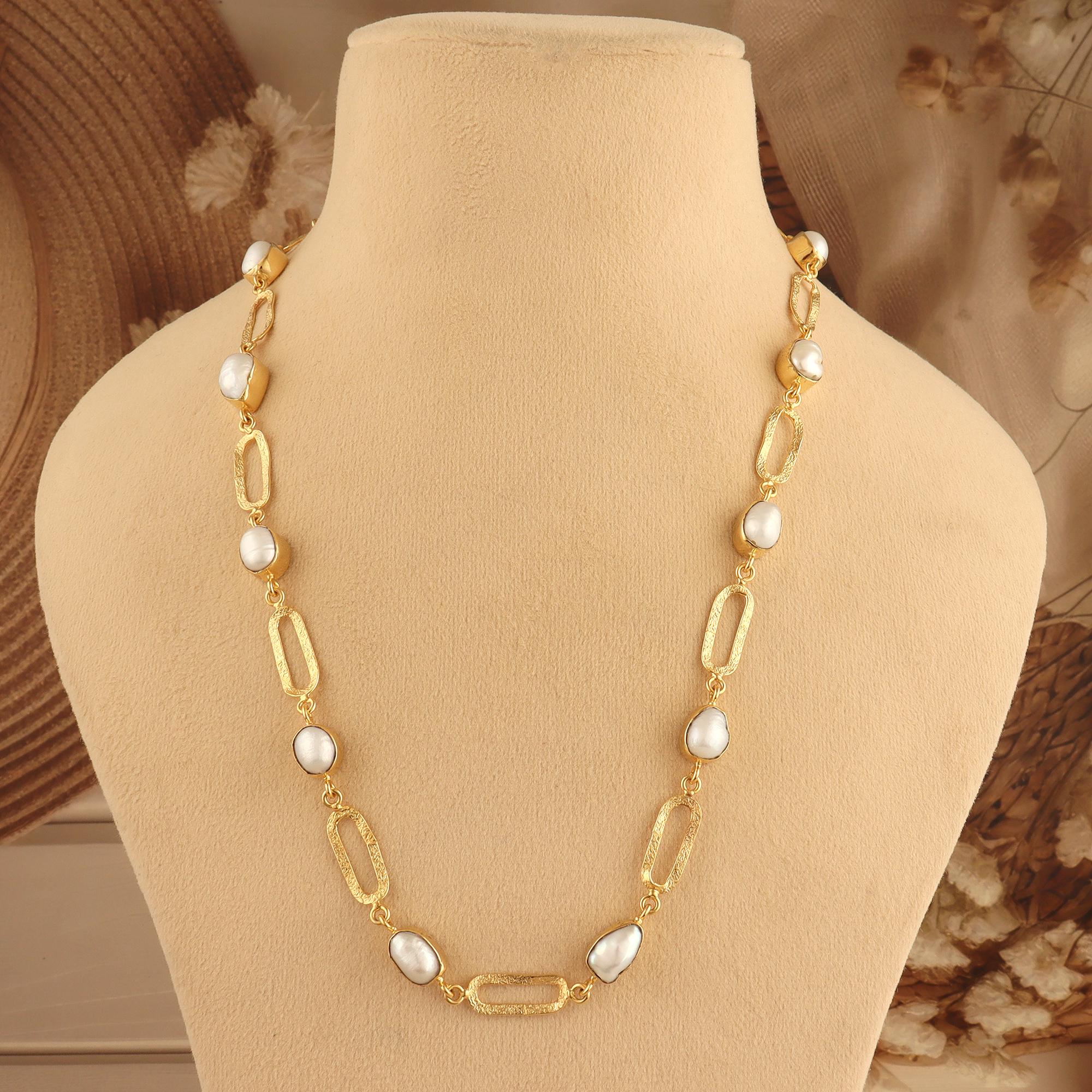 Gold Plated Pearl Link Necklace: Textured Oval Chain