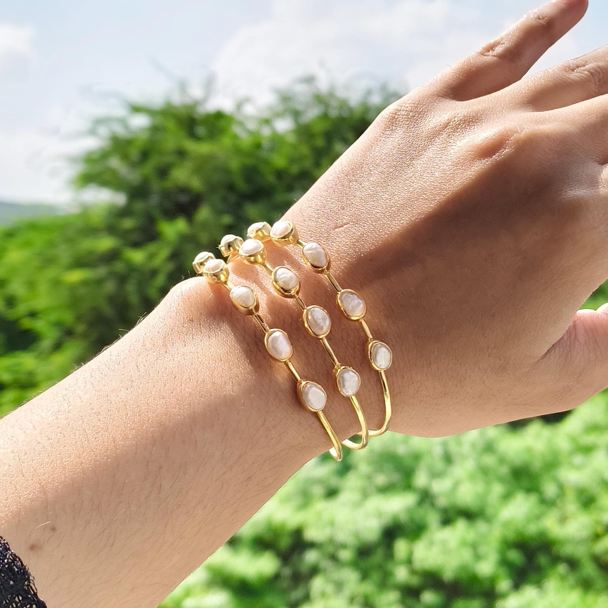 Multi Freshwater Pearl Cuff Bracelet - Gold-Plated Adjustable Trio Pearl Bangle