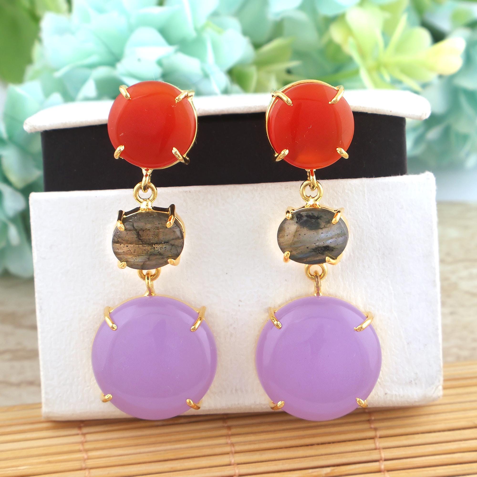Carnelian, Lavender Chalcedony & Labradorite Gold-Plated Dangle Earrings for Her