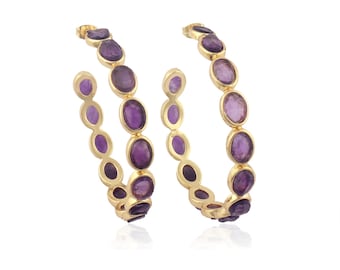 Gold-Plated Raw Amethyst Hoop Earrings: Oval Gemstone Birthstone Earring