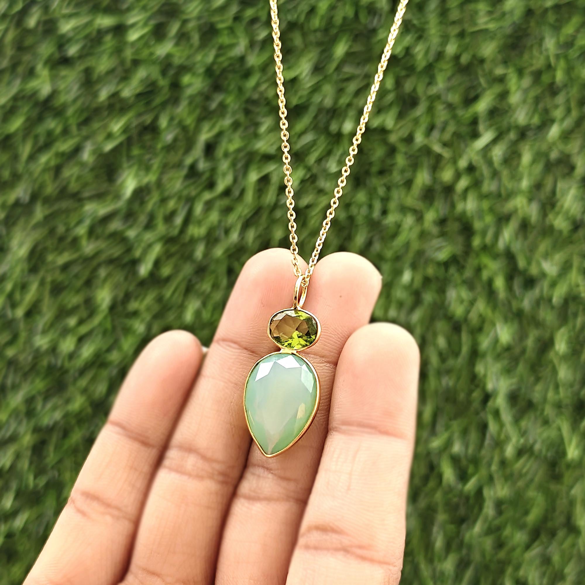 Gold Plated Peridot Quartz and Green Opalite Pendant Necklace: Dainty Gemstone Charm Drops