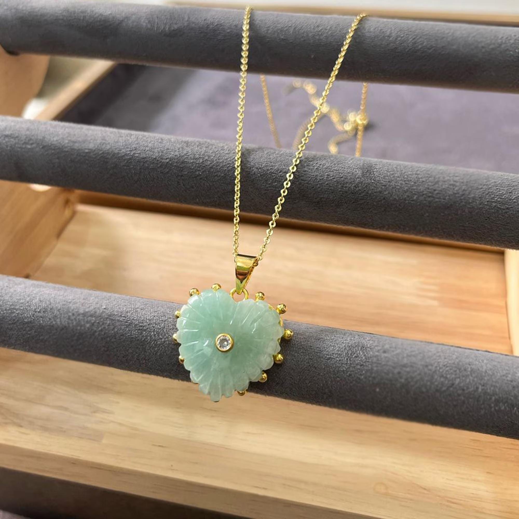 Amazonite Heart Pendant Necklace: 18k Gold Plated, Hand Carved Gemstone Jewelry Gift