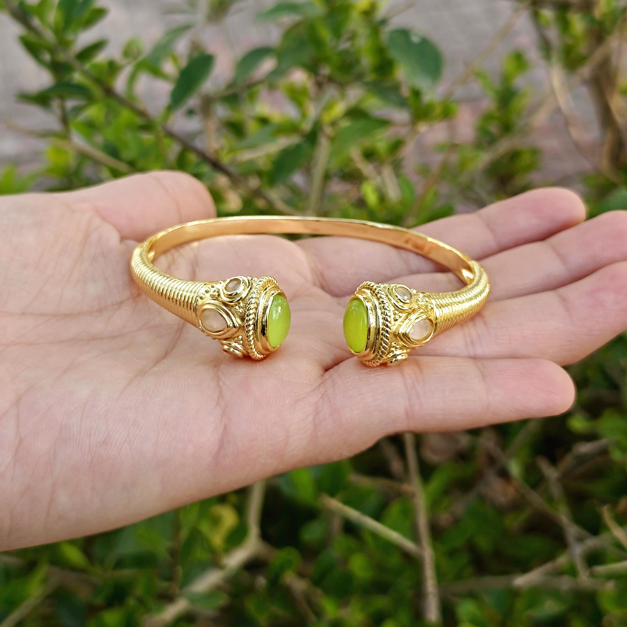Prehnite Jade With Pink Chalcedony CZ Cuff Bracelet: Open Band Tribal Statement Ethnic Jewelry