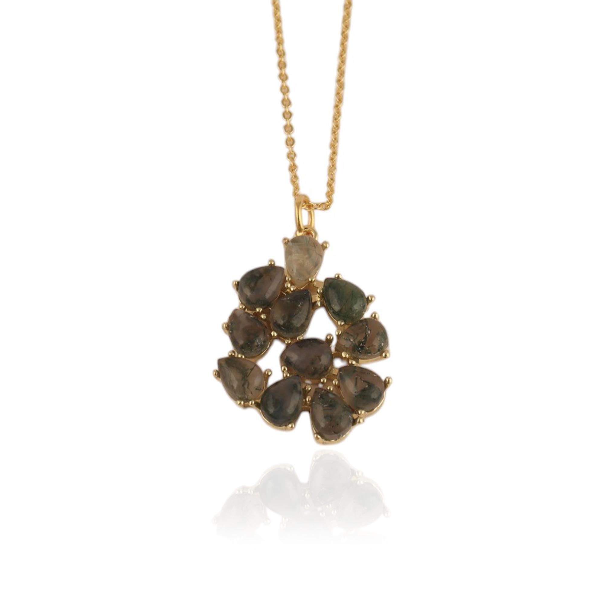 Handmade Gold-Plated Moss Agate Pendant Necklace: Elegant Boho Style