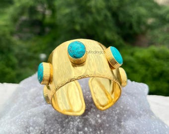 Handmade Gold Cuff Bracelet: Tibetan Turquoise Boho Wide Bangle