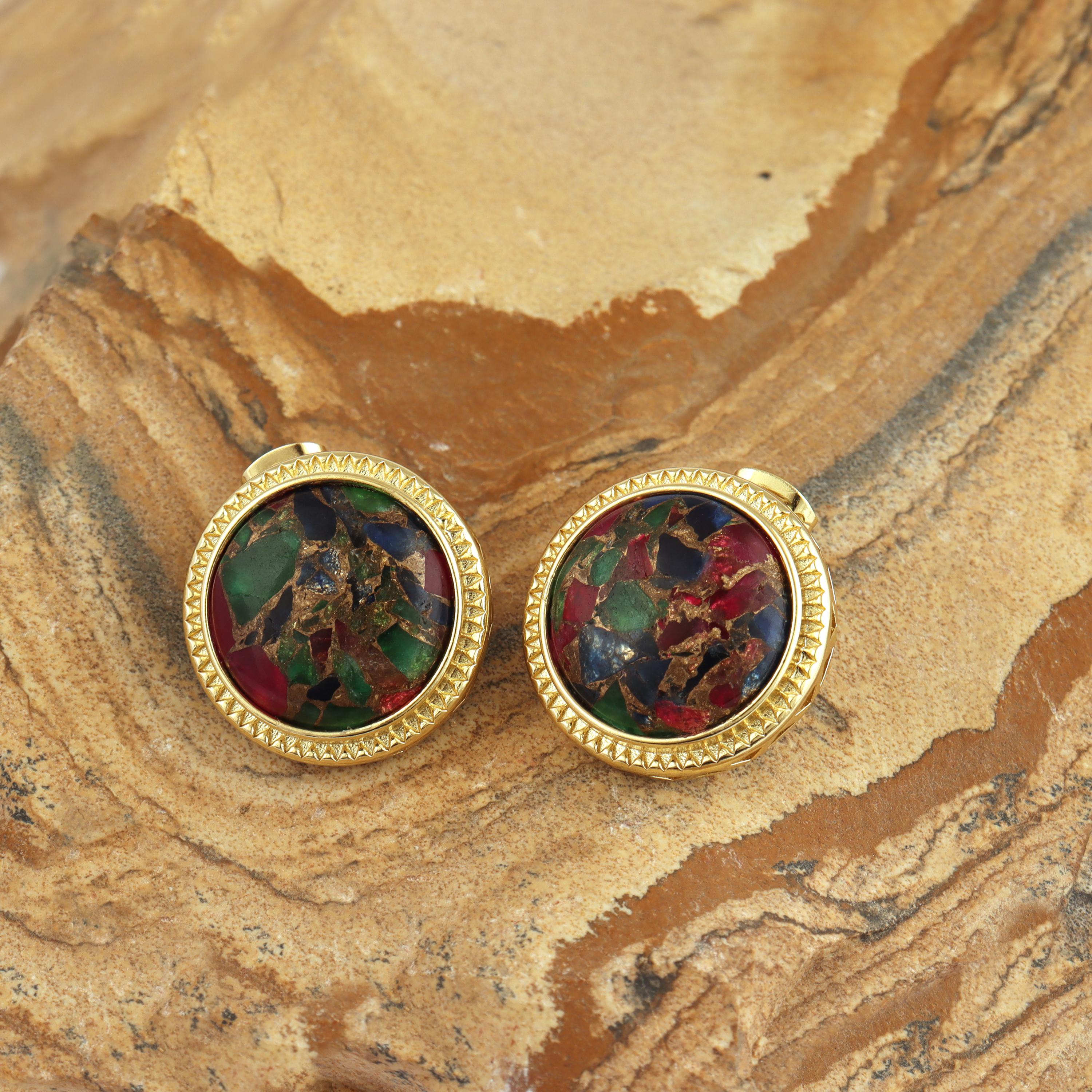 Handmade Mojave Turquoise Stud Earrings: 18k Gold Plated Round Mosaic Gemstone Jewelry