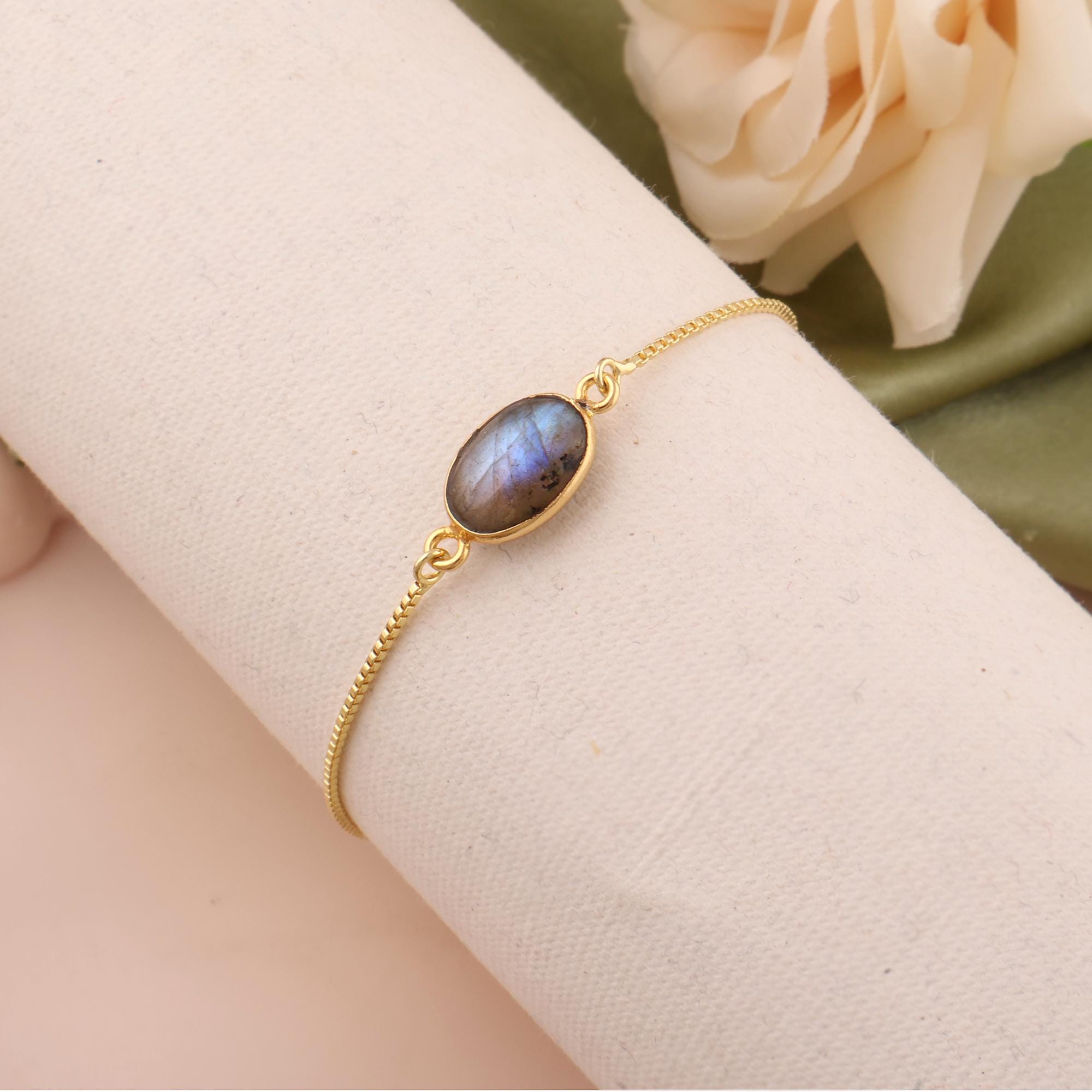 Oval Shape Labradorite Bracelet - Bezel Setting Gemstone Adjustable Bracelets