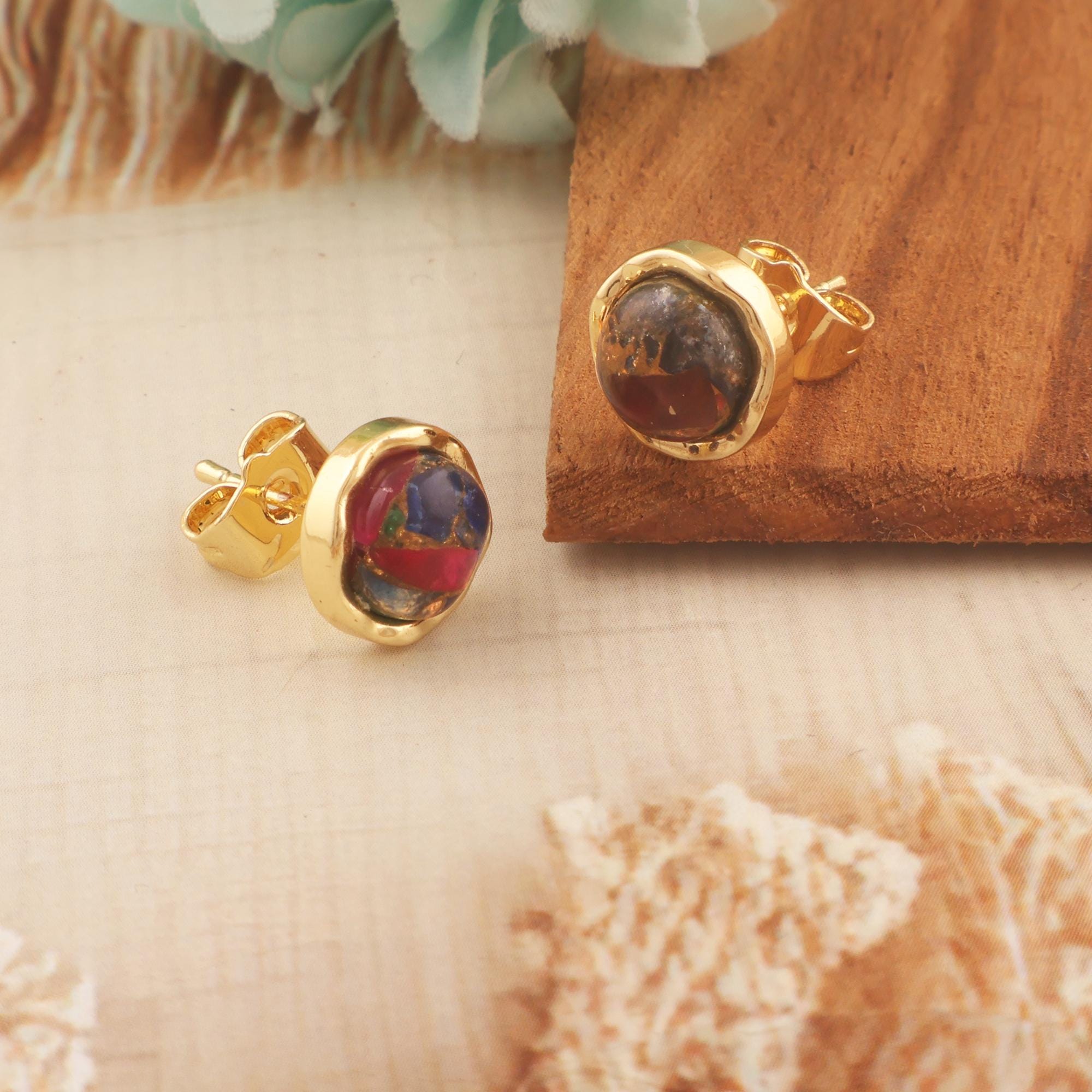 Mohave Copper Turquoise Stud Earrings: Gold Plated Brass Posts