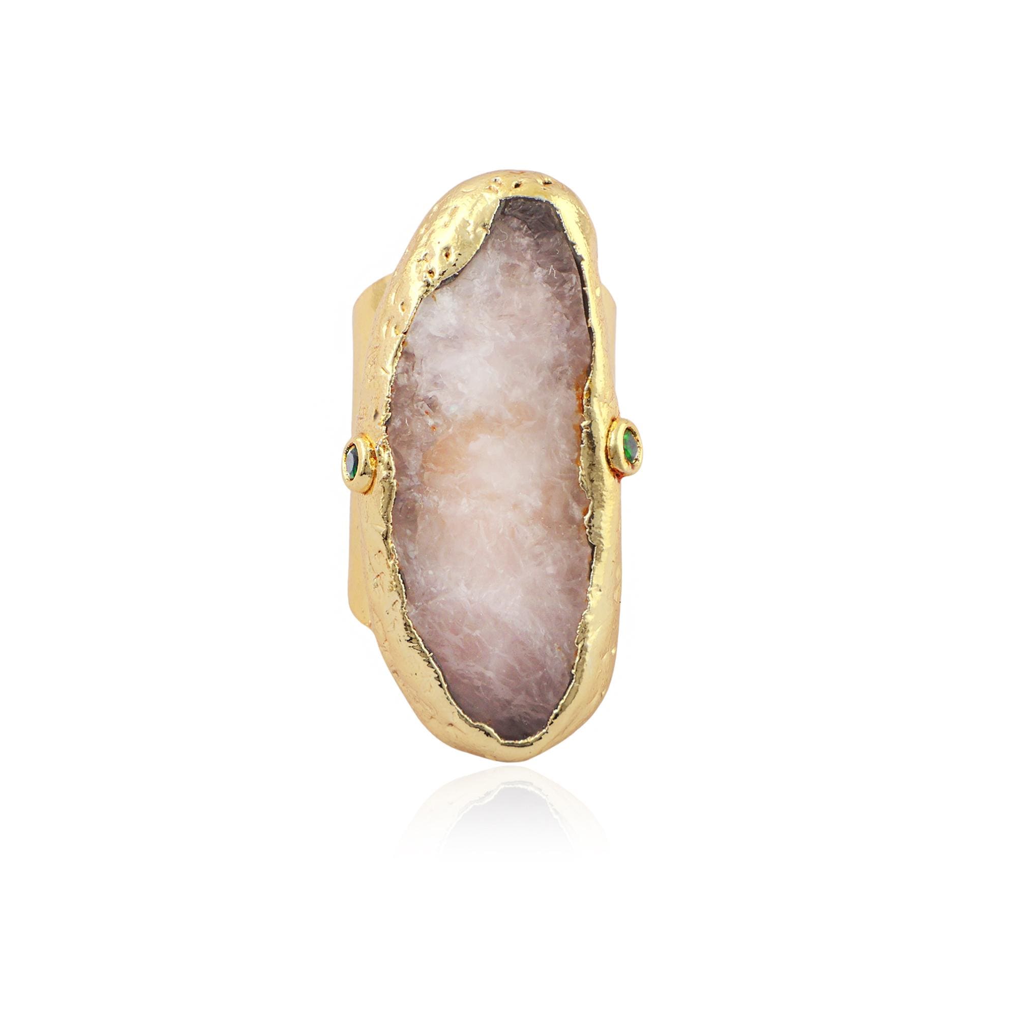 Raw Rose Quartz Slab Ring Molten Gold Brutalist Statement Band: Oversized Pink Crystal Armor