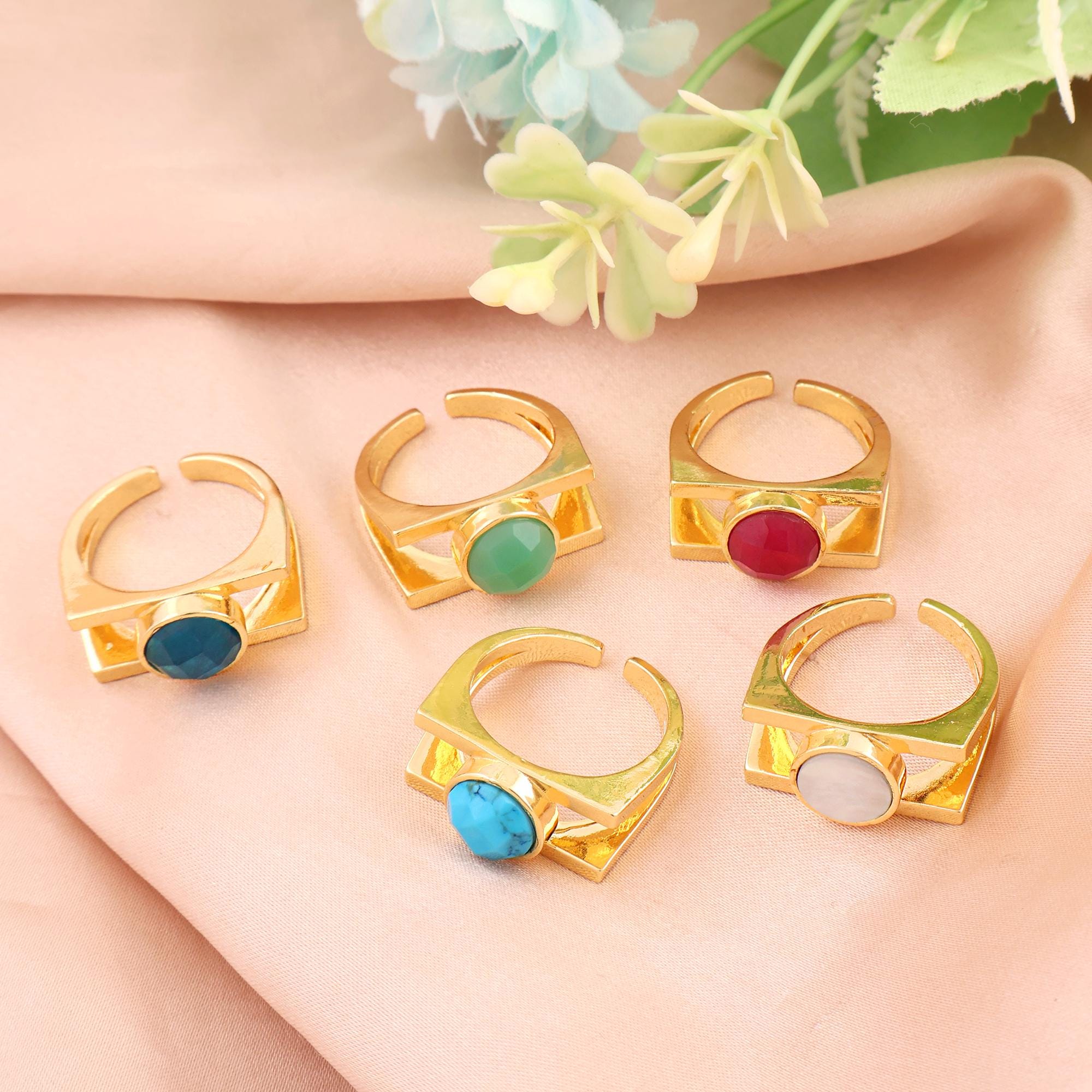 Double Bar Open Band Statement Ring with Gemstone: Modern Minimalist Jewelry