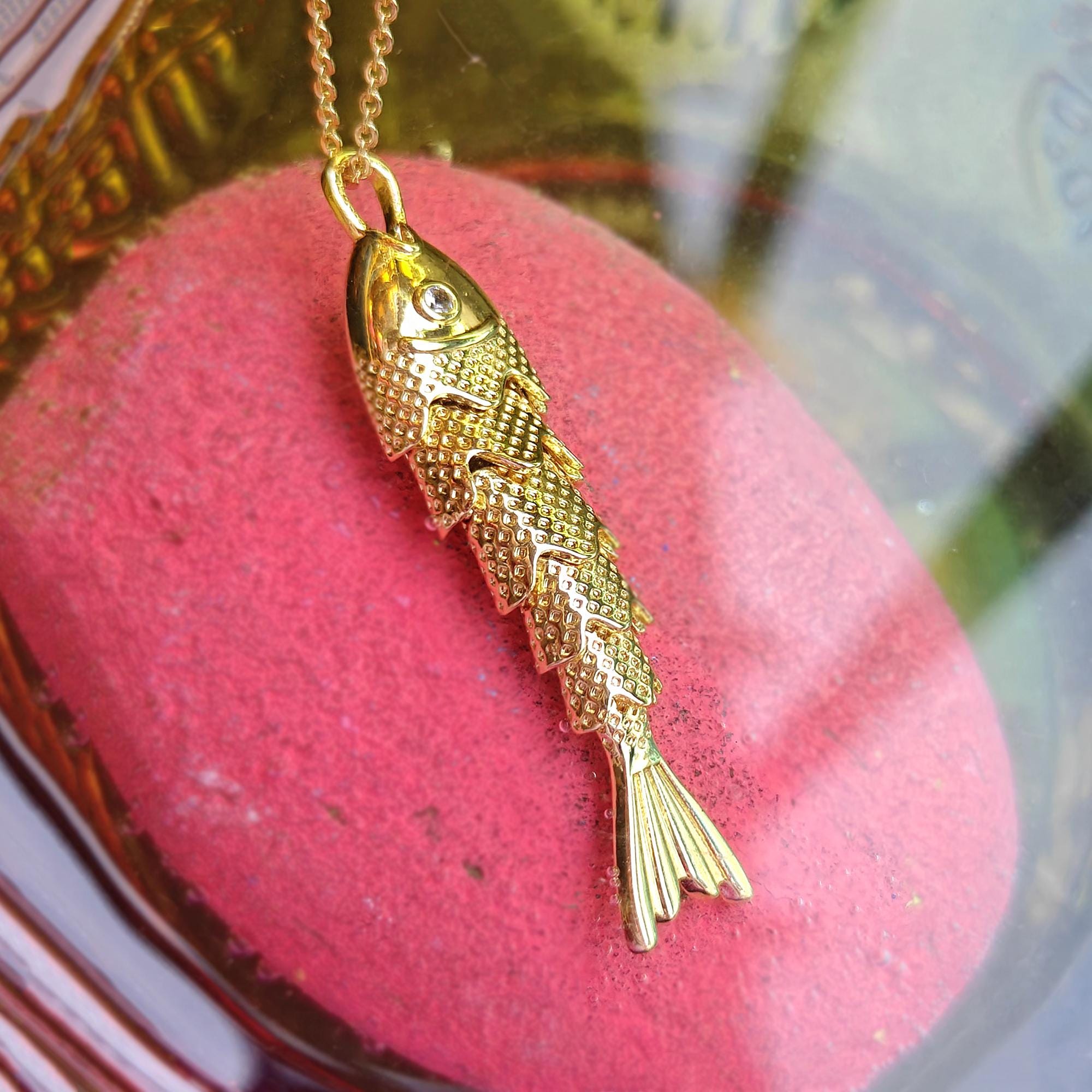 Articulated 18k Gold Fish Necklace: Kinetic Moving Koi Charm