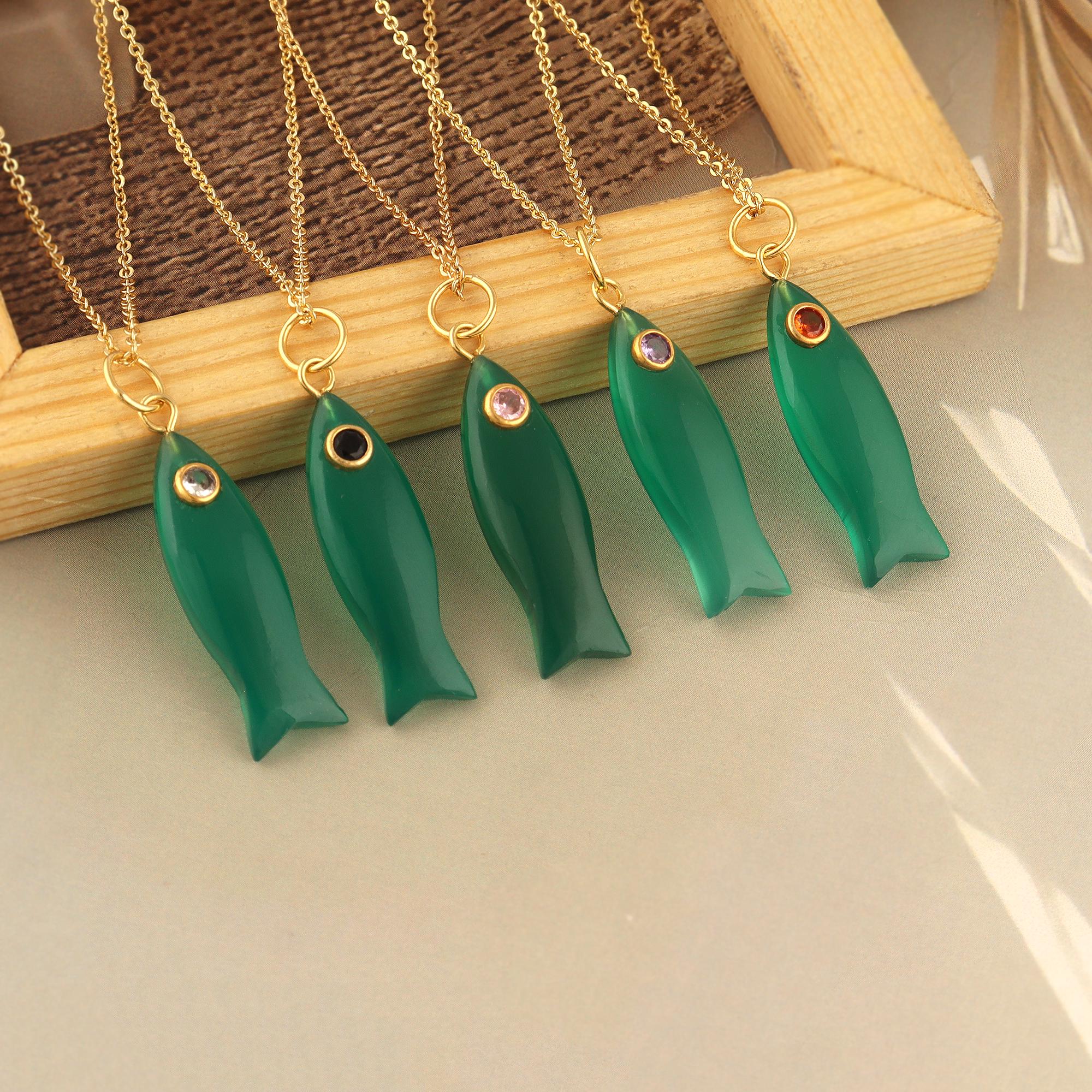 Green Onyx Fish Pendant Necklace: 18k Gold Plated Charm