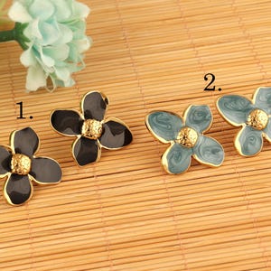 Floral Enamel Stud Earrings Gold Plated - Dainty Black & Orange Flower Jewelry - Gift for her - Spring Inspired Earrings