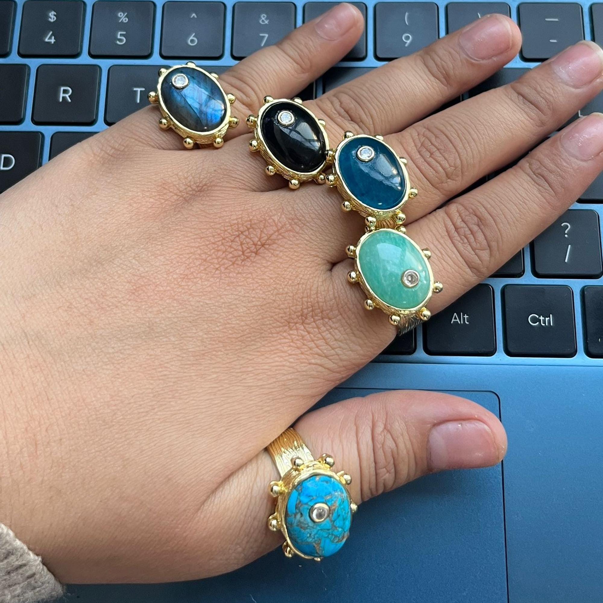 Labradorite Black Onyx Amazonite Turquoise with CZ Accent Ring: Gold Plated Art Deco Boho Gemstone Jewelry