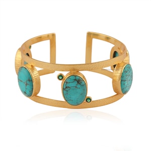 Gold Plated Oval Tibetan Turquoise with Tiny Green Quartz Stone Cuff, Boho Statement Jewelry, Open Bangle, Multi Turquoise Bracelet