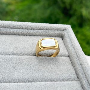 18k Gold Plated Mother of Pearl Ring: Unisex Signet Wedding Jewelry