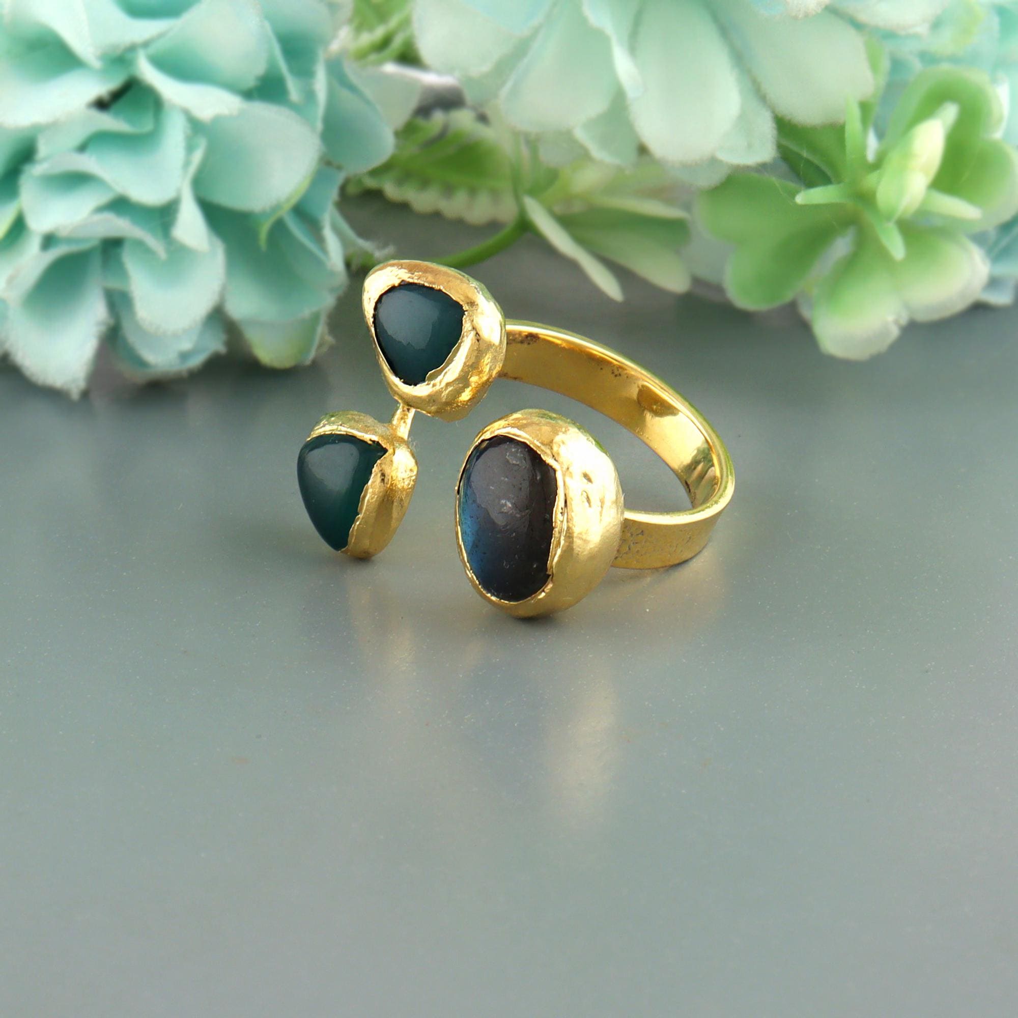 Organic Labradorite and Green Onyx Ring: Gold Plated Brass Apatite Jade Open Wrap Statement Ring