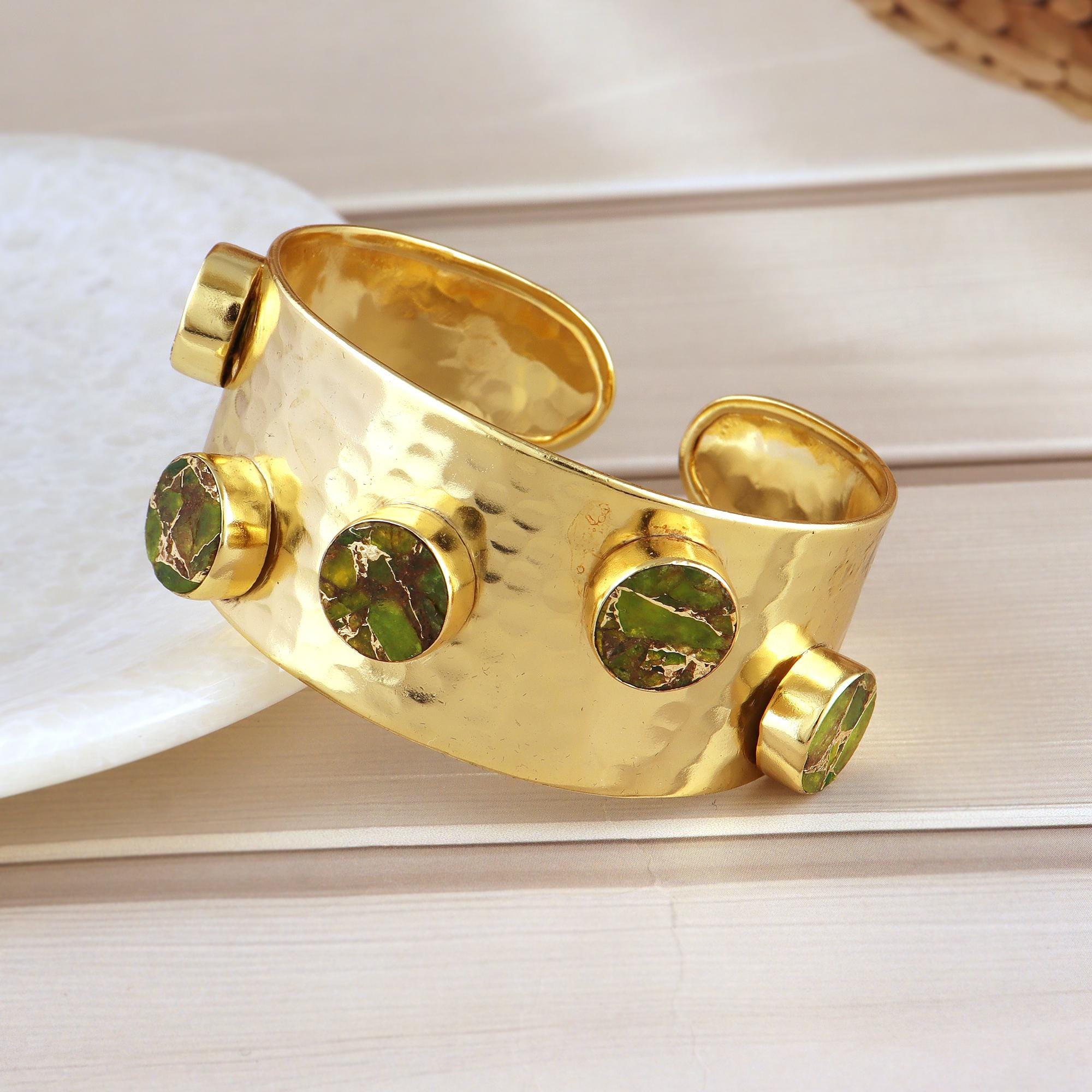 Gold Plated Hammered Cuff Bracelet: Peridot Turquoise Boho Bangle