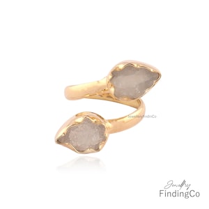 White Agate Druzy Gold Plated Ring: Adjustable Dual Stone