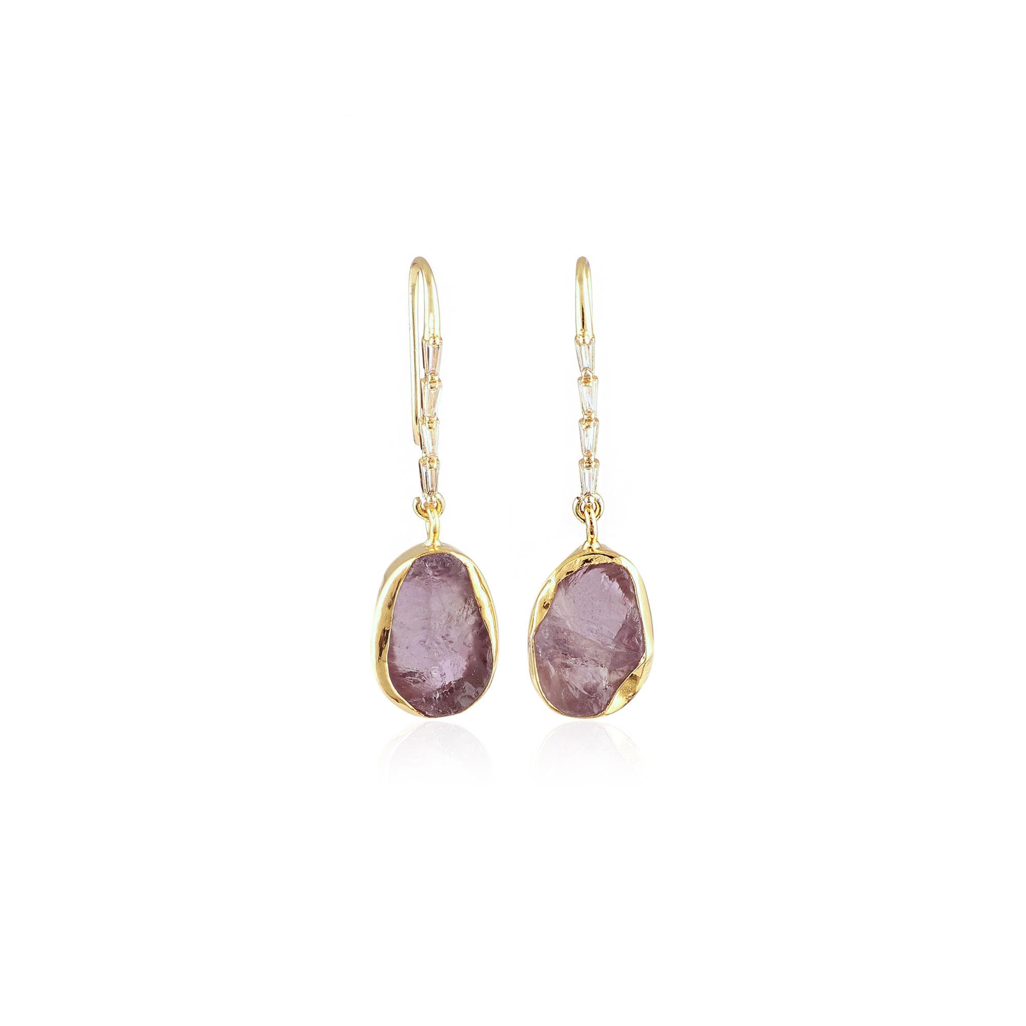 Gold Plated Raw Amethyst Earrings: Natural Purple Stone Handmade Drop Jewelry