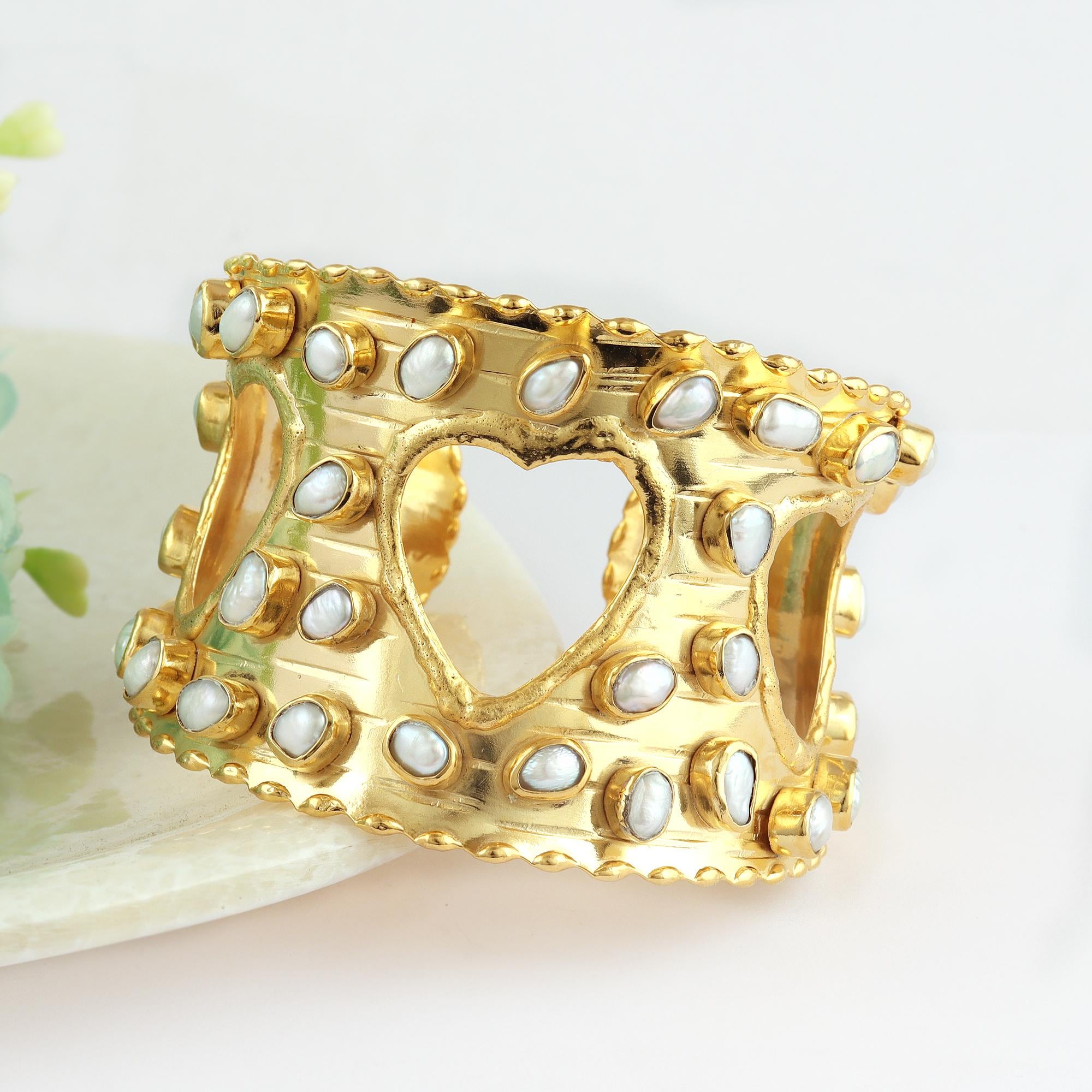 Freshwater Pearl Cuff Bracelet: Gold Plated Brass Heart