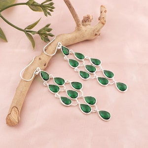 Beautiful Emerald Earrings For Women, Designer Silver Plated Gemstone Hook Earring Dangle Handmade Cluster Earrings Gifts for her, ZV-540.