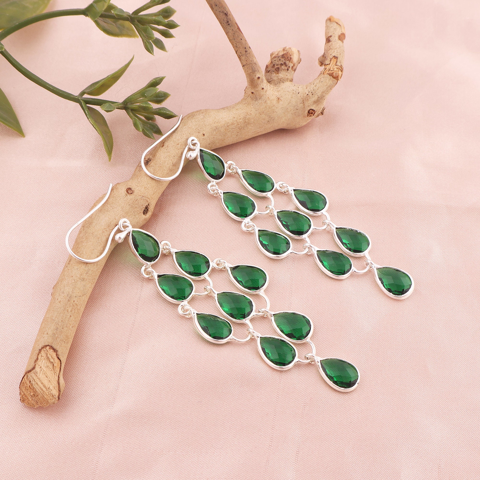 Handmade Emerald Pear Gemstone Dangle Earrings, Silver Plated Bezel
