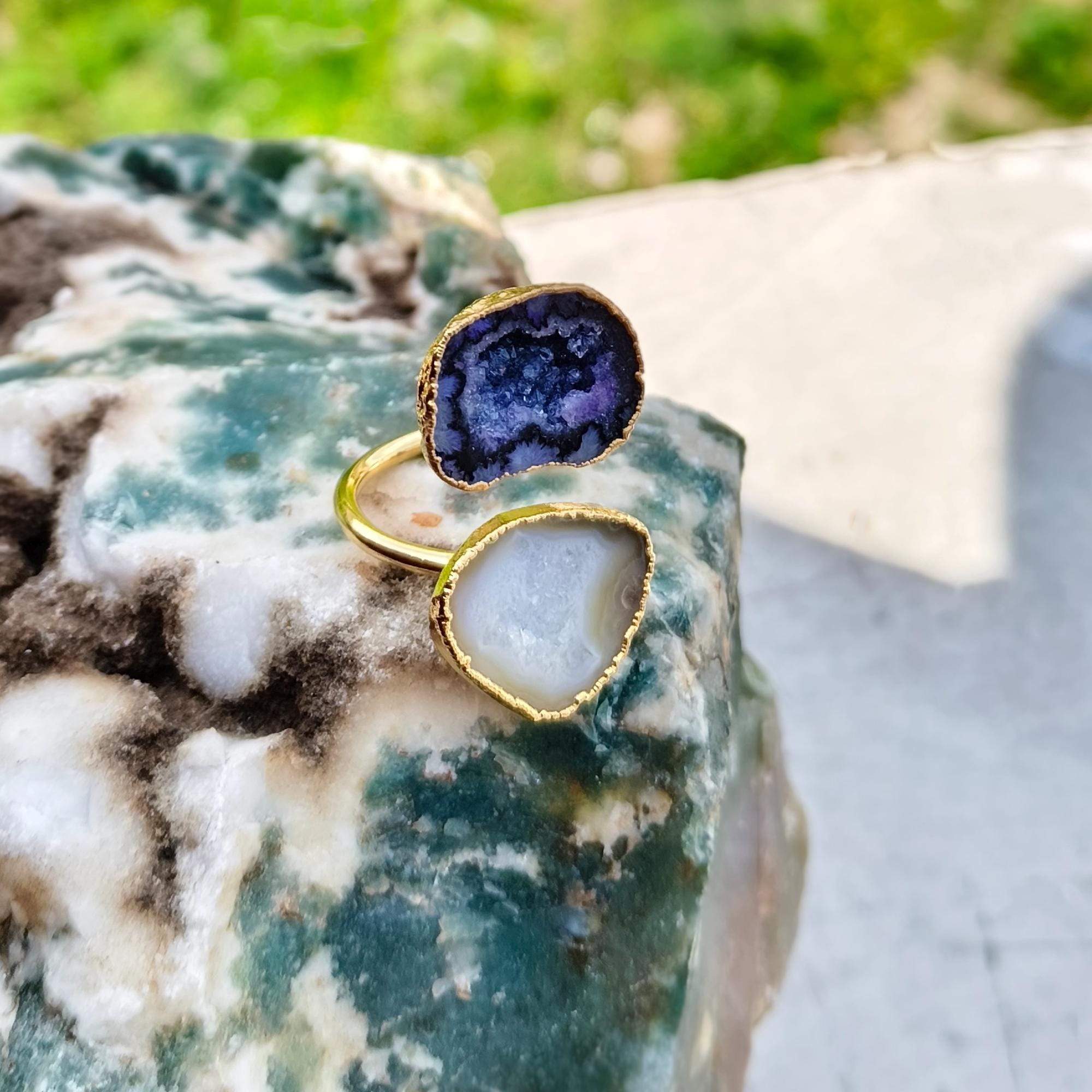 Blue Agate Geode Druzy Ring: 18k Gold Plated Adjustable Statement Ring