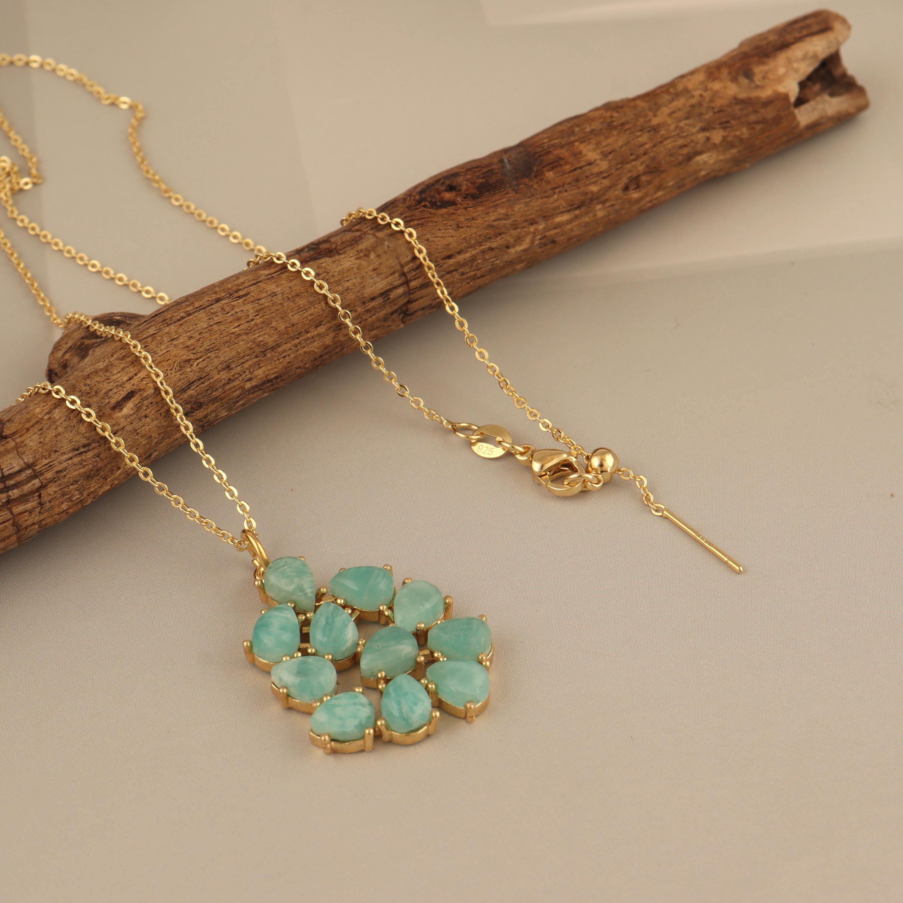 Handmade Amazonite Necklace: Gold-Plated Teardrop Multi Gemstone Pendant
