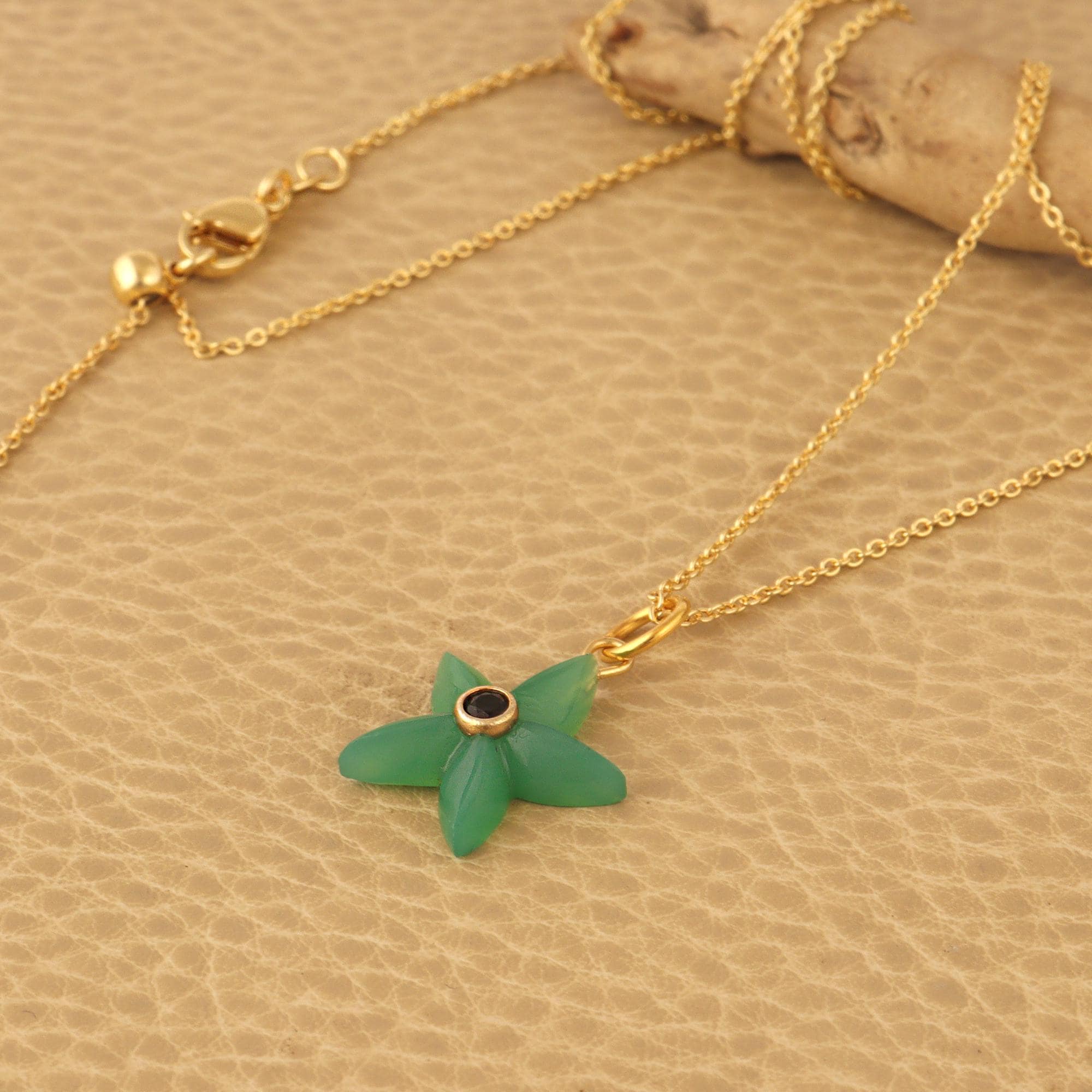 Handcarved Chryoso Chalcedony Starfish Pendant Necklace: 18k Gold Plated Floral Charm