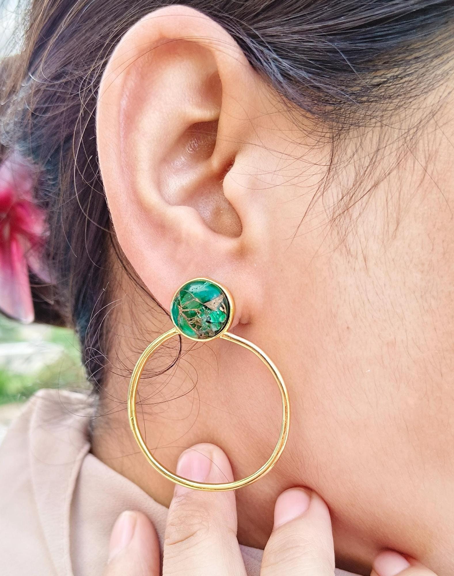 Green Mohave Turquoise Hoop Earrings, Gold-Plated Round Drops Gemstone