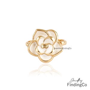 Gold Plated White Flower Ring - Adjustable Enamel Ring