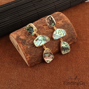 May include: A pair of gold-toned earrings with three iridescent abalone shell pieces on each earring. The earrings are dangling and have a geometric shape.