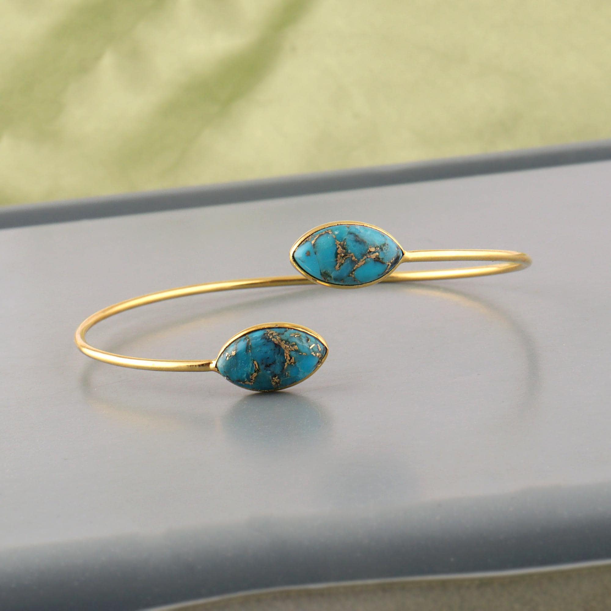 Handmade Gold Cuff Turquoise Bracelet: Marquise Gemstone Bezel Set Boho Bangle Jewelry