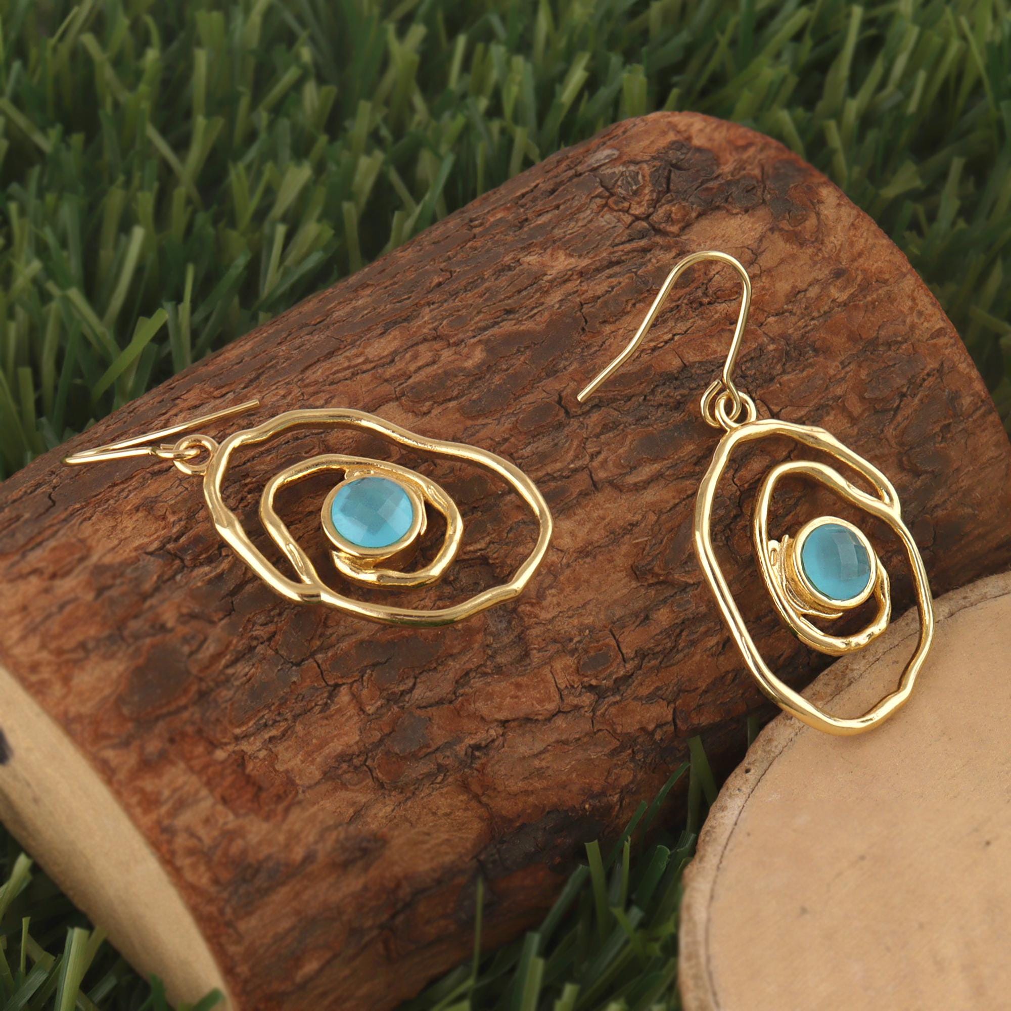 Abstract Cosmic Swirl Dangle Earring: 18k Gold Plated Organic Wire Nest Gemstone Drops