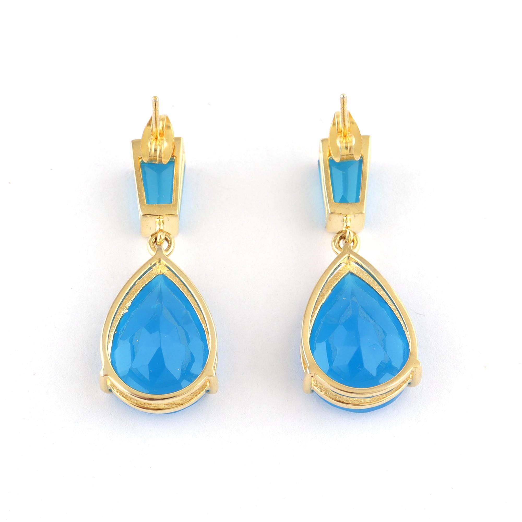 Blue Chalcedony Geometric Drops: 18k Gold Plated Trapezoid & Teardrop Earrings
