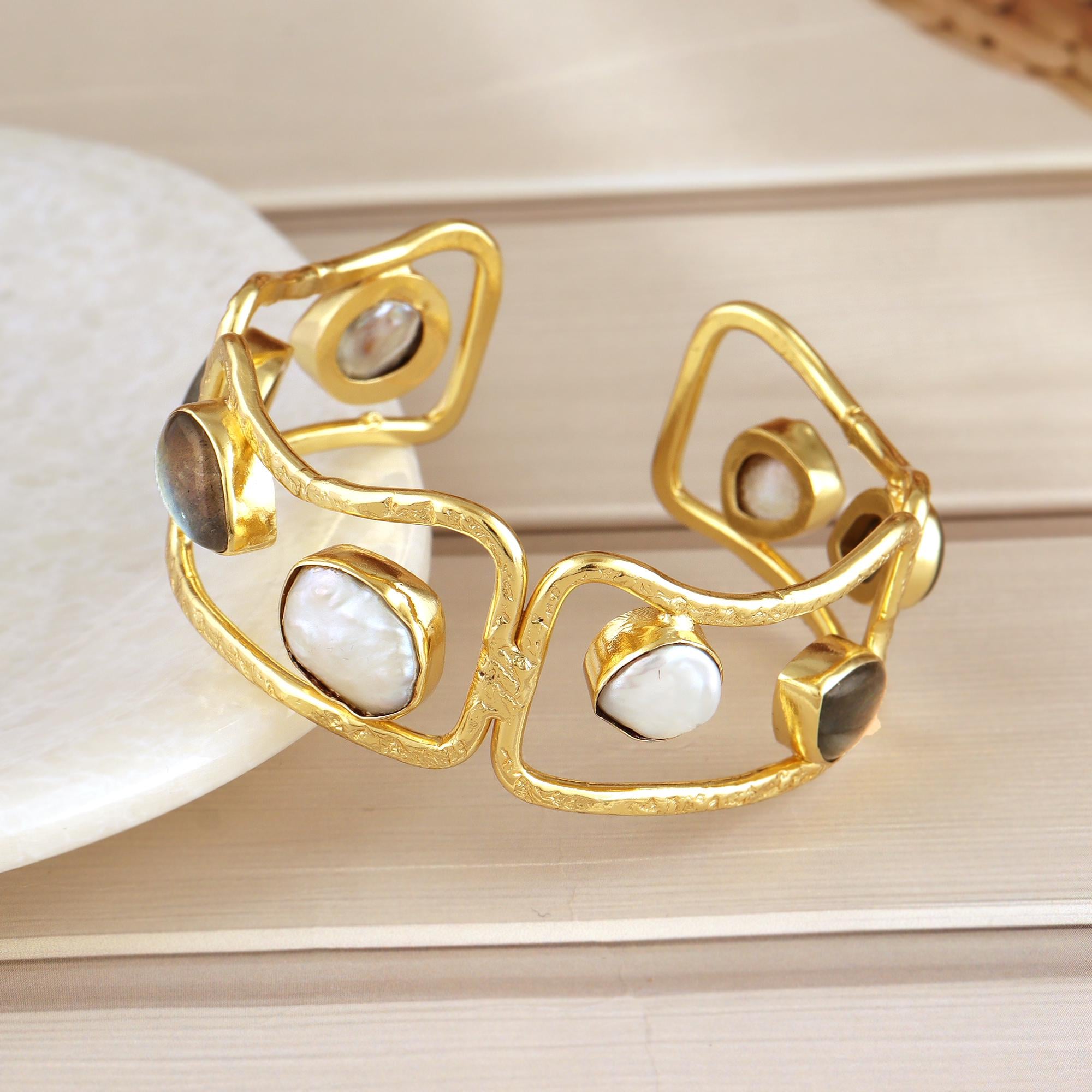 Elegant Pearl and Labradorite Gold Tone Cuff Bracelet