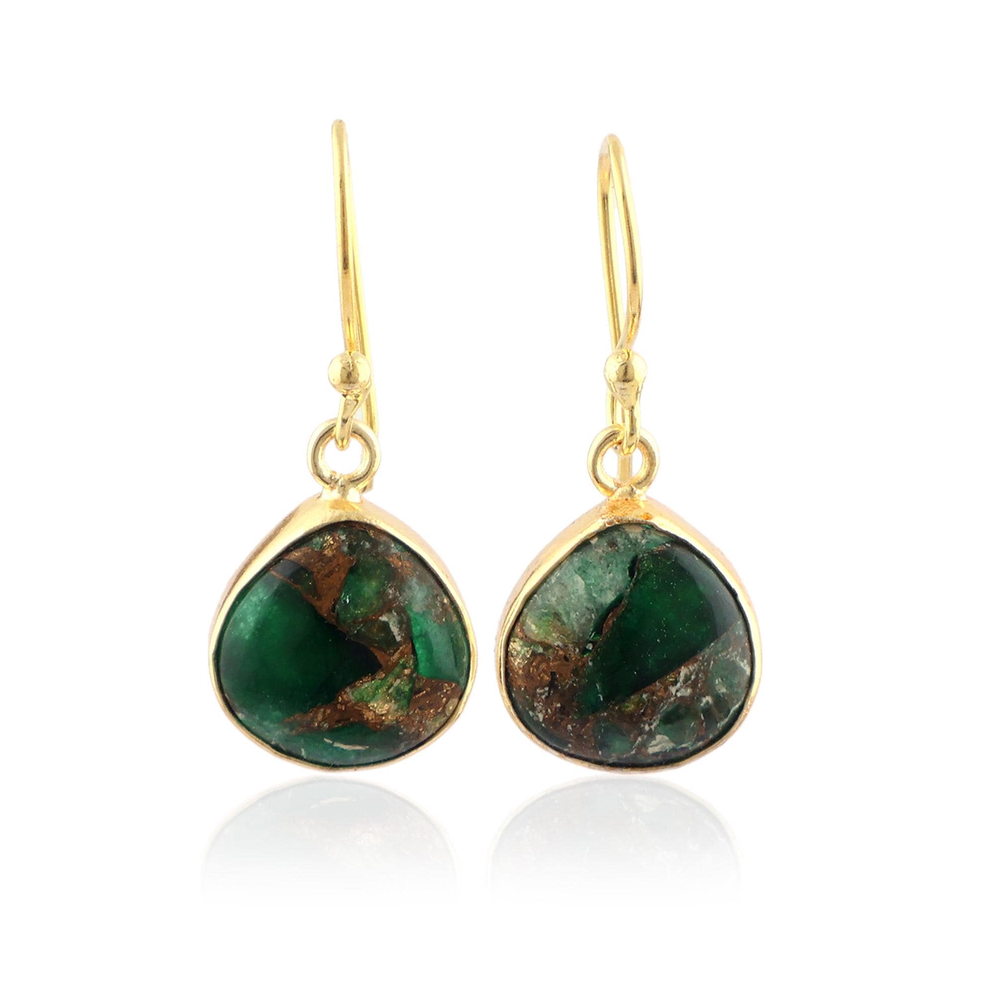 Green Copper Turquoise Heart Earrings: 18k Gold Plated Dangle Hook